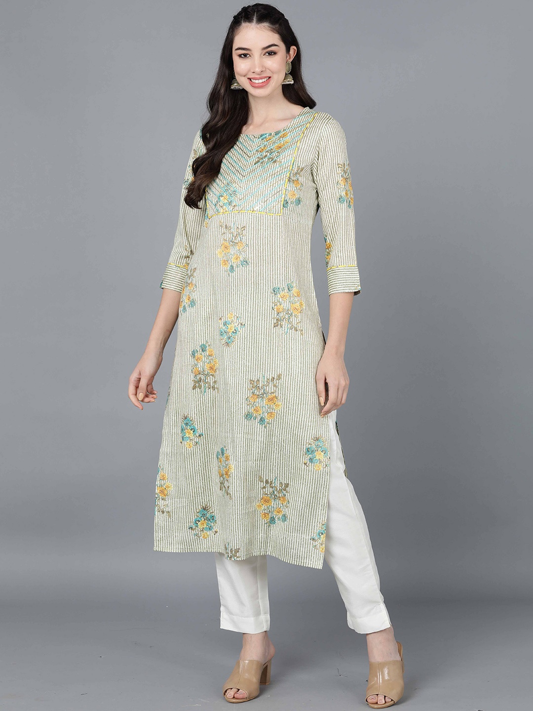 

AHIKA Floral Printed Gotta Patti Cotton Straight Kurta, Beige