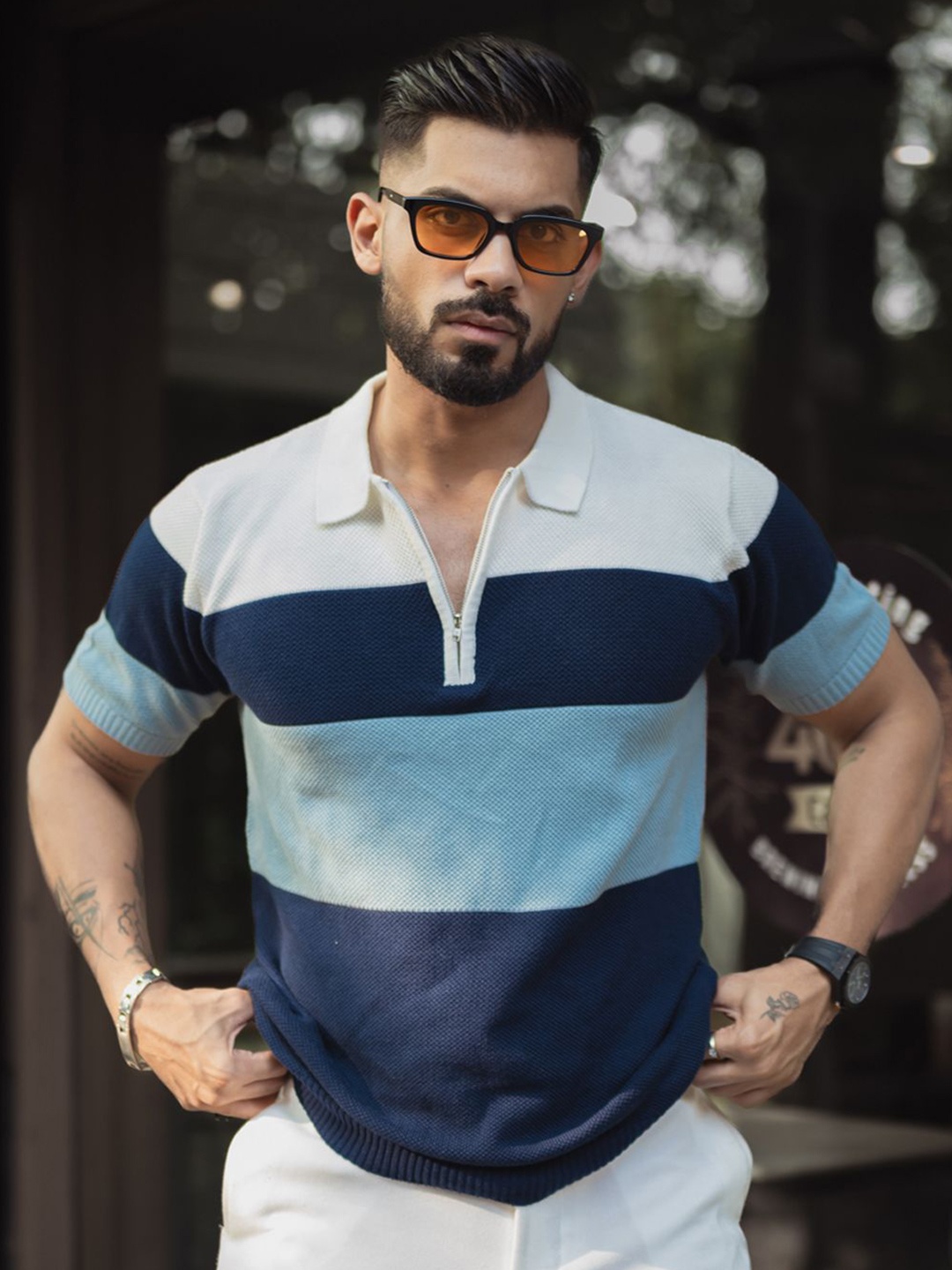 

Powerlook Men Striped Polo Collar T-shirt, Blue