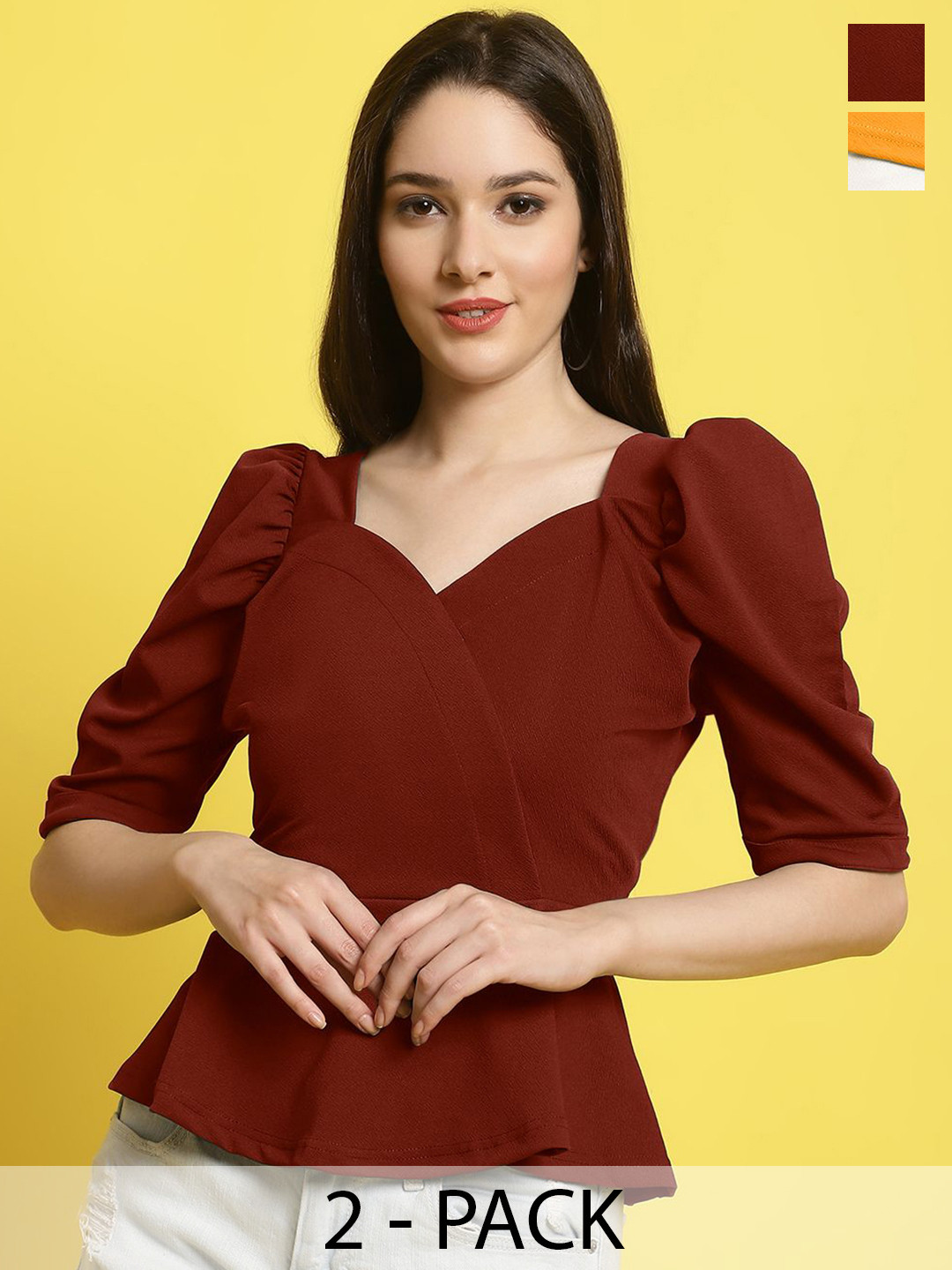 

Metronaut Women Pack Of 2 Puff Sleeves Crop Top, Maroon