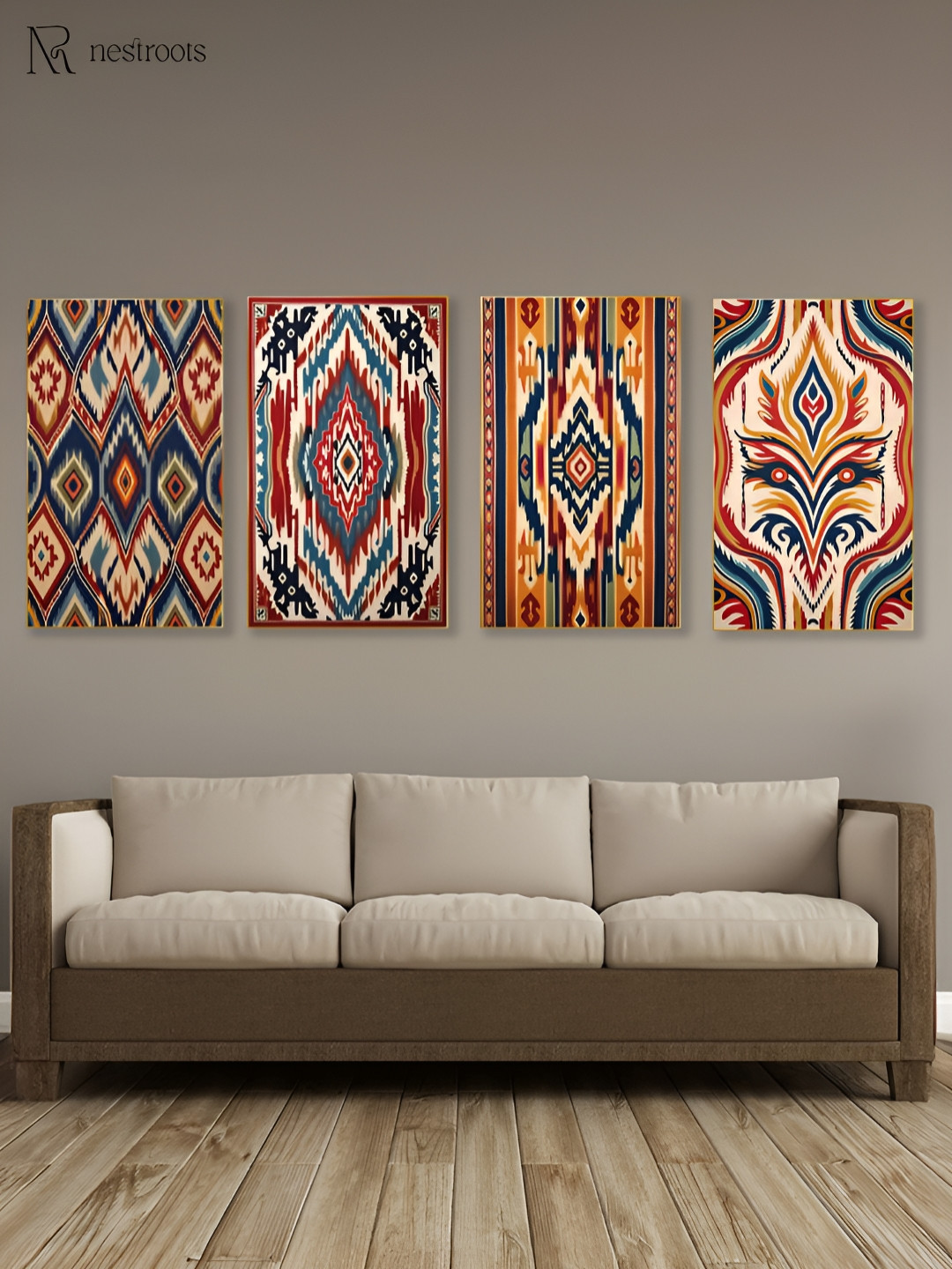 

nestroots Vibrant Tribal Pattern Navy Blue & Brown 4 Pieces Canvas Painting Wall Art