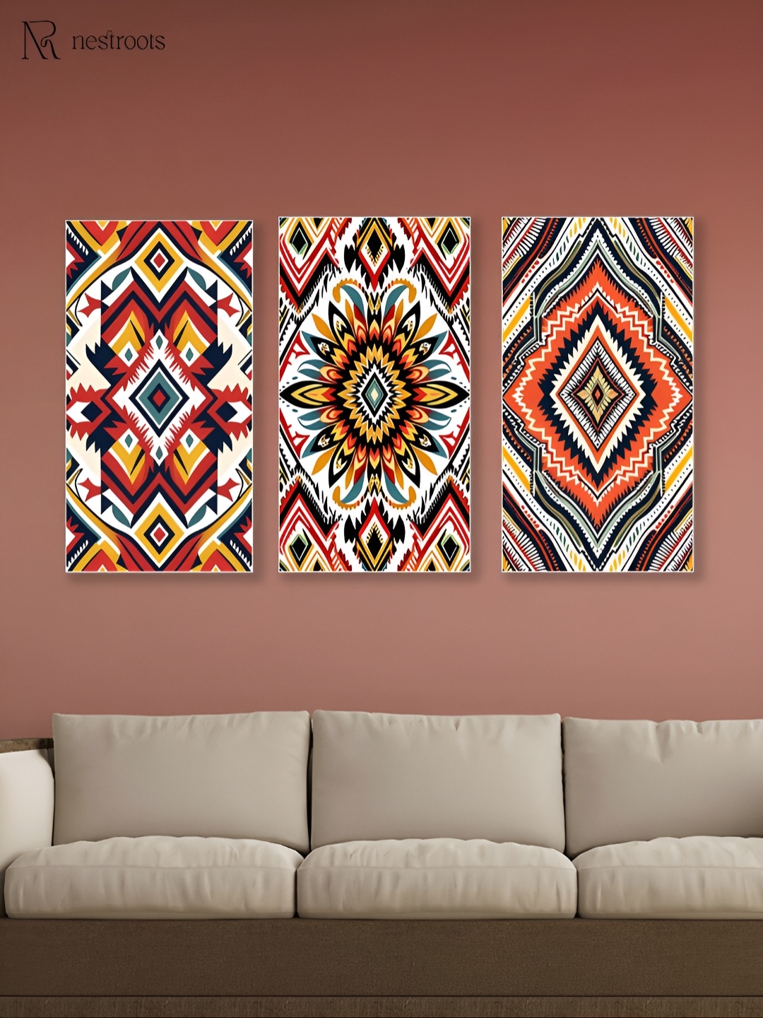 

nestroots Red & White 3 Pieces Vibrant Tribal Printed Canvas Paintings Wall Arts
