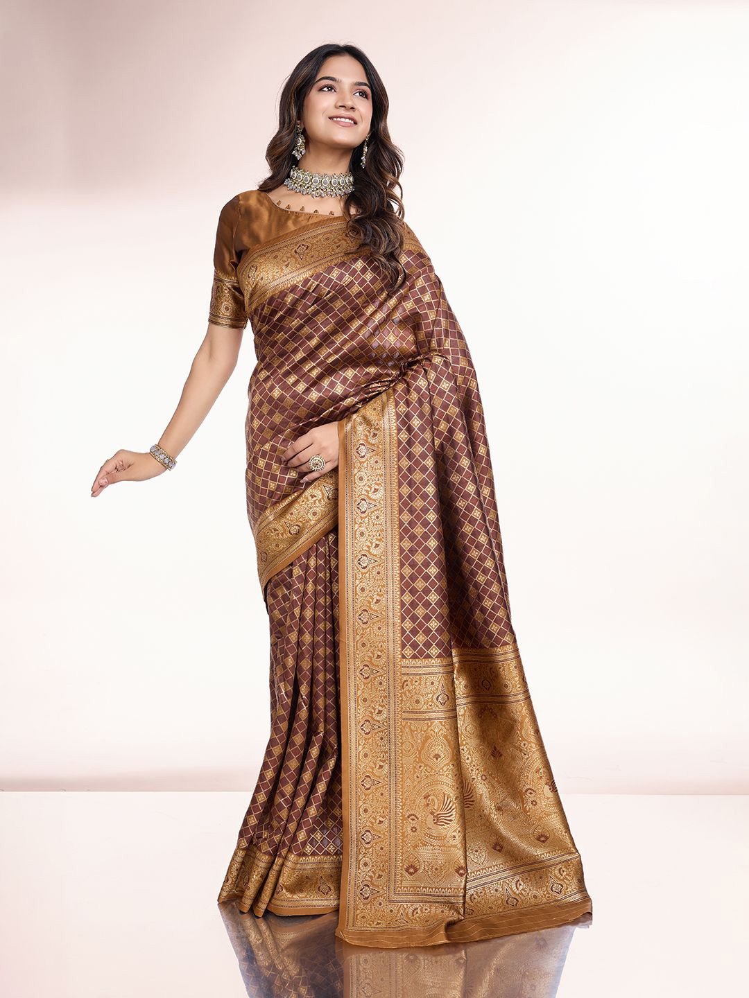 

RICH & ROMAN Woven Design Zari Pure Silk Banarasi Saree, Coffee brown