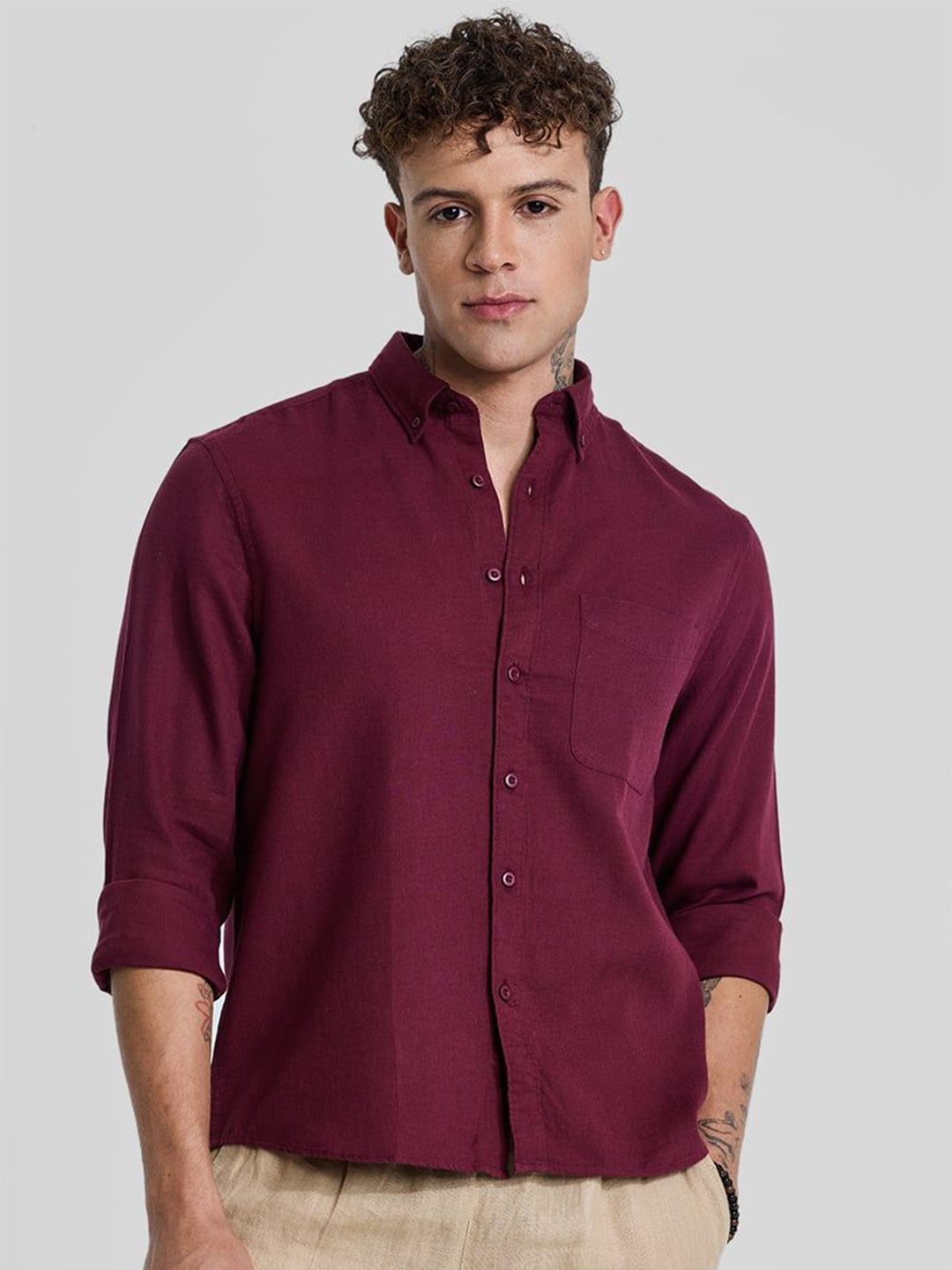 

Snitch Men Smart Button-Down Collar Solid Cotton Casual Shirt, Maroon