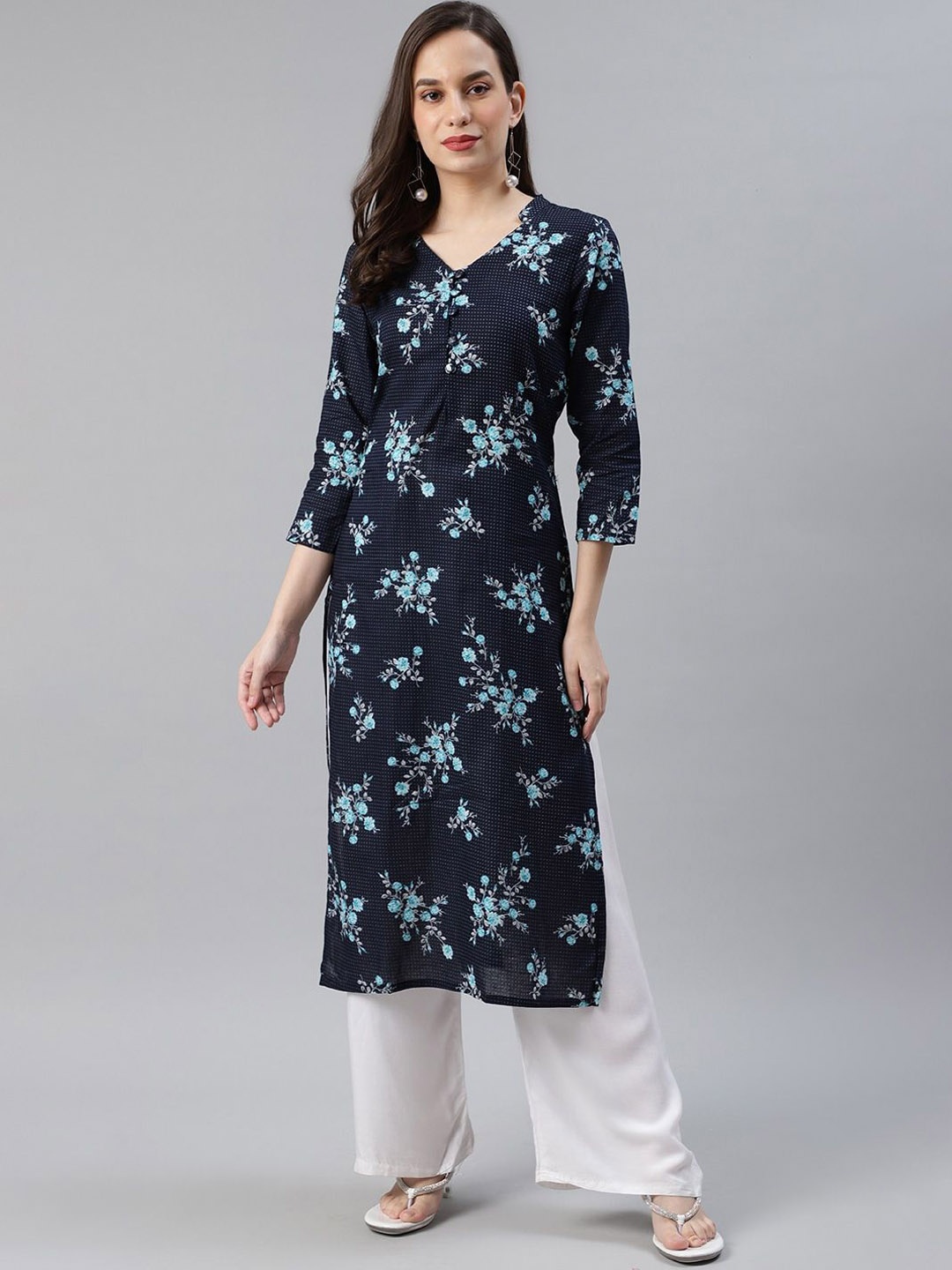 

AHIKA Floral PrintedV-Neck Regular Cotton Straight Kurta, Navy blue