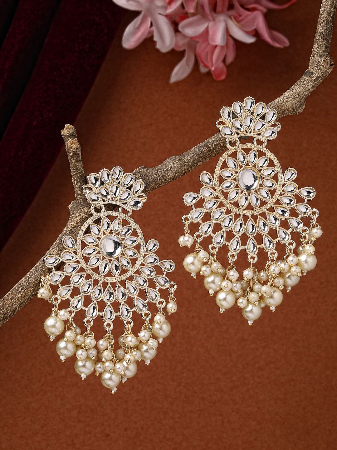 

NVR Gold Plated Kundan Studded Contemporary Chandbalis