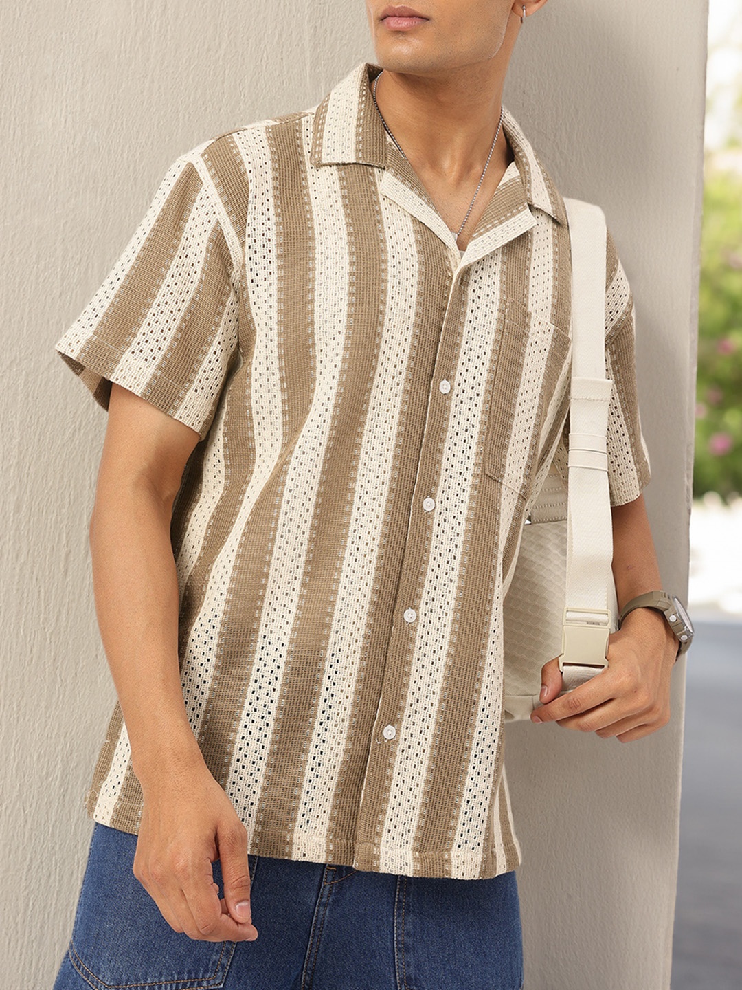 

Kook N Keech Sleigh All Day Cuban Collar Open Knitted Stripe Shirt, White