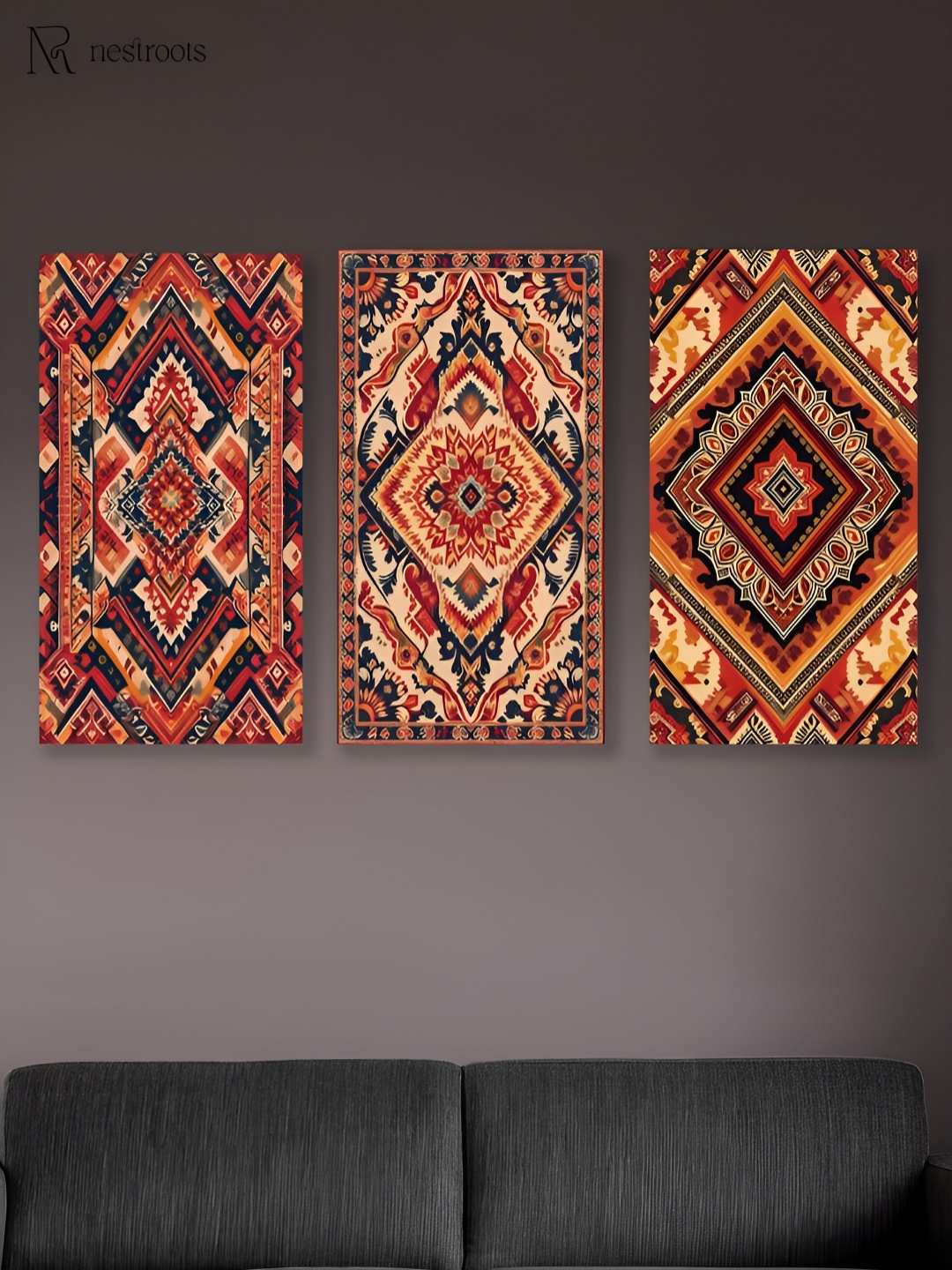 

nestroots Red & Mustard 3 Pieces Geometric Canvas Paintings Wall Arts