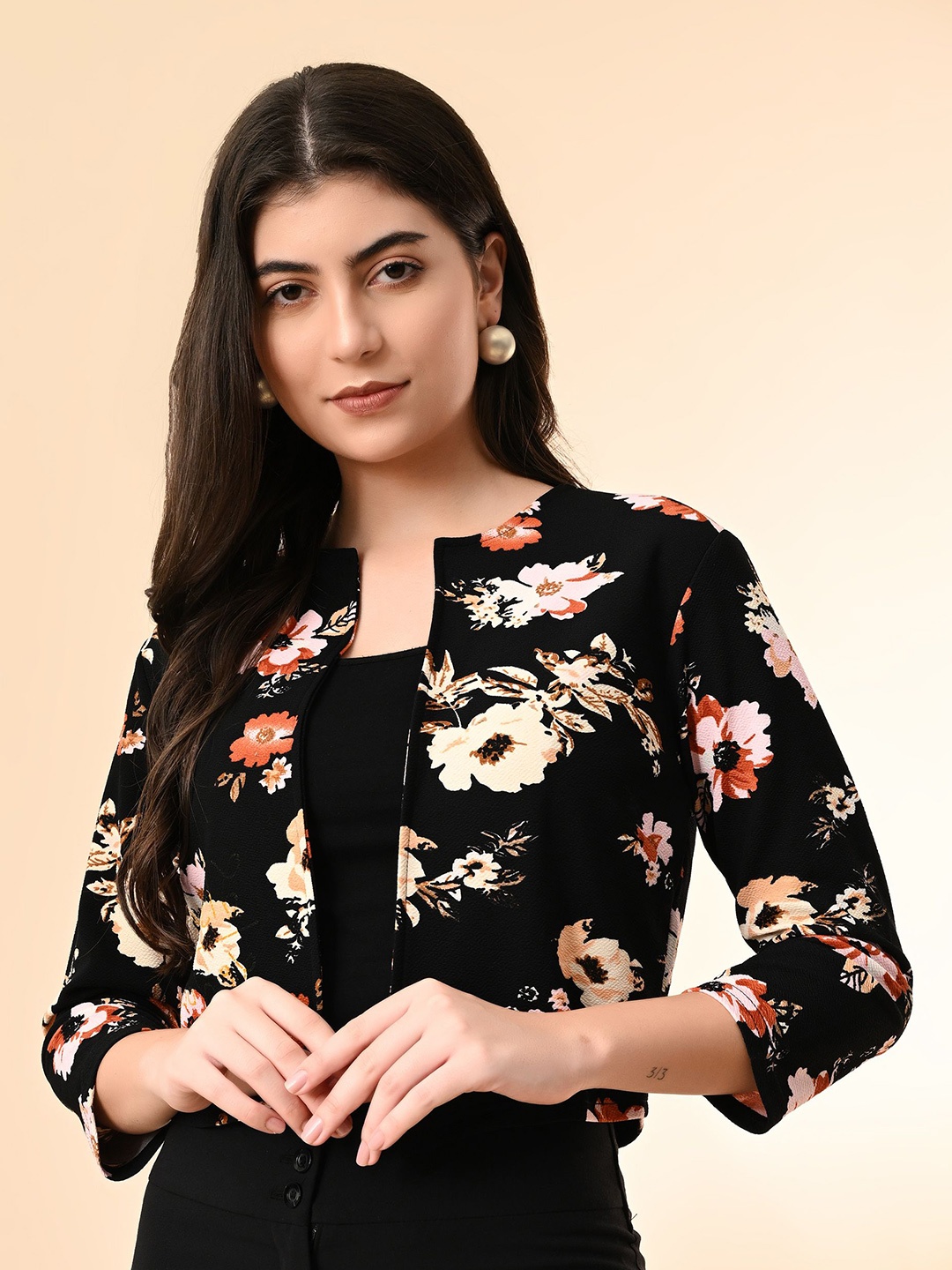 

IUGA Floral Printed Open Front Crop Shrug, Black