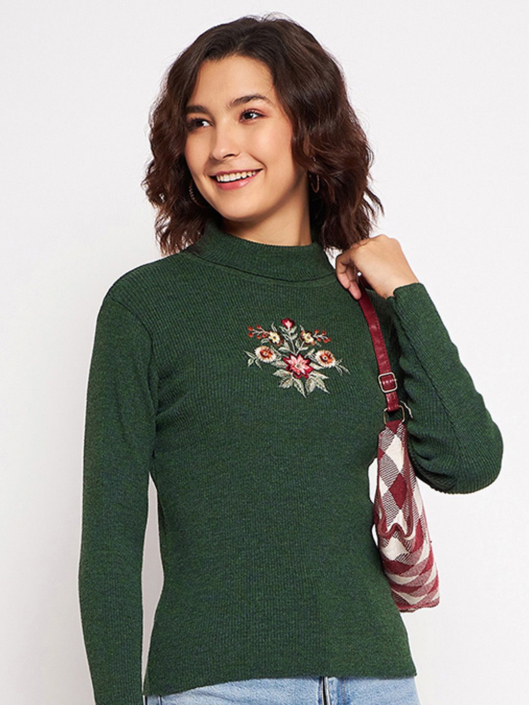 

CLAPTON Women Embroidered Woollen Pullover Sweaters, Green