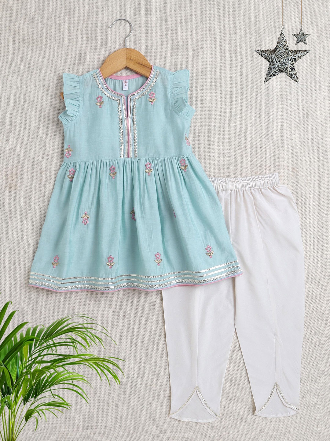 

The Magic Wand Girls Embroidered Gotta Patti Anarkali Kurta With Sharara & Dupatta, Blue