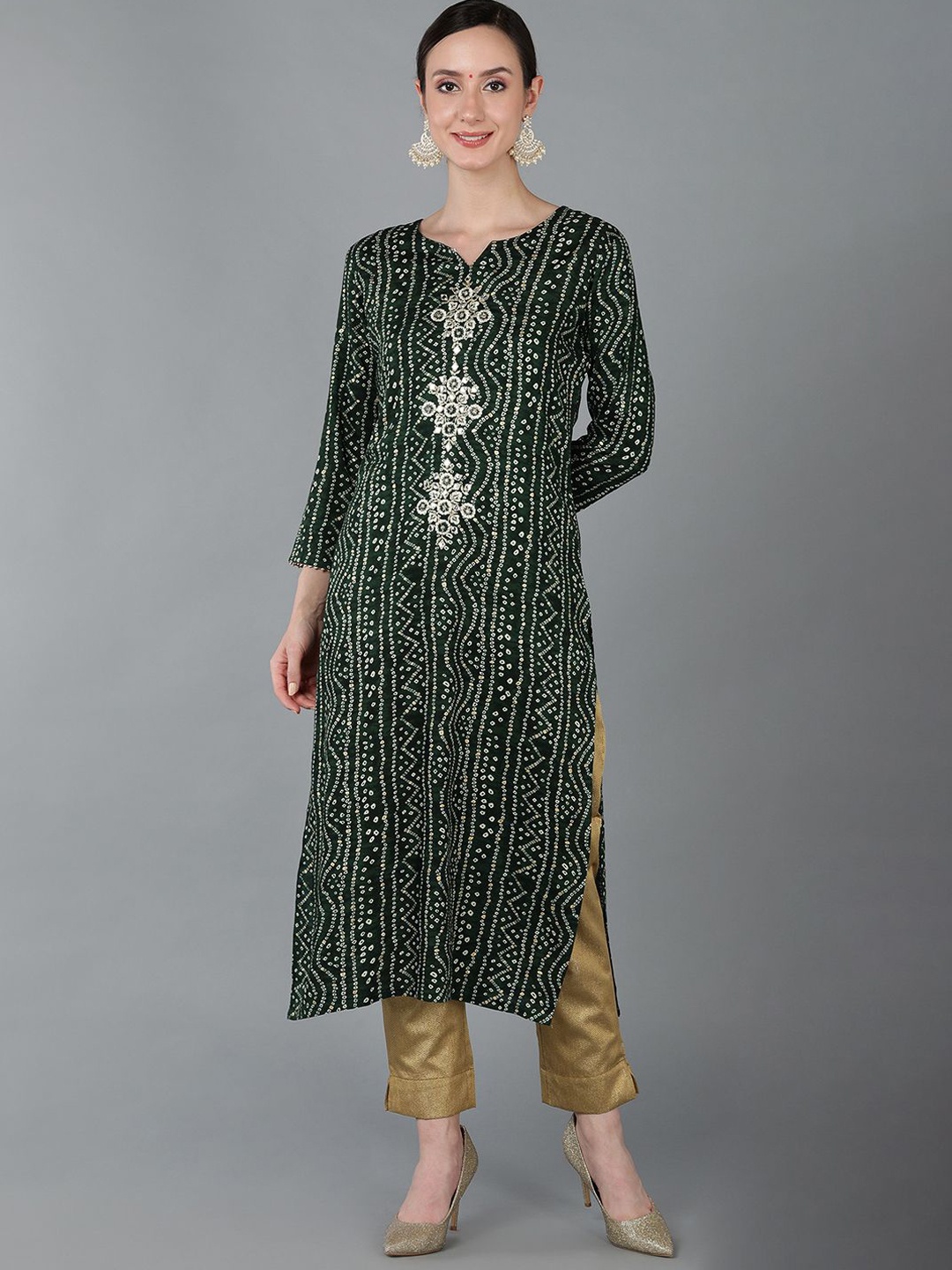 

KALINI Bandhani Printed Thread Work Straight Kurta, Green