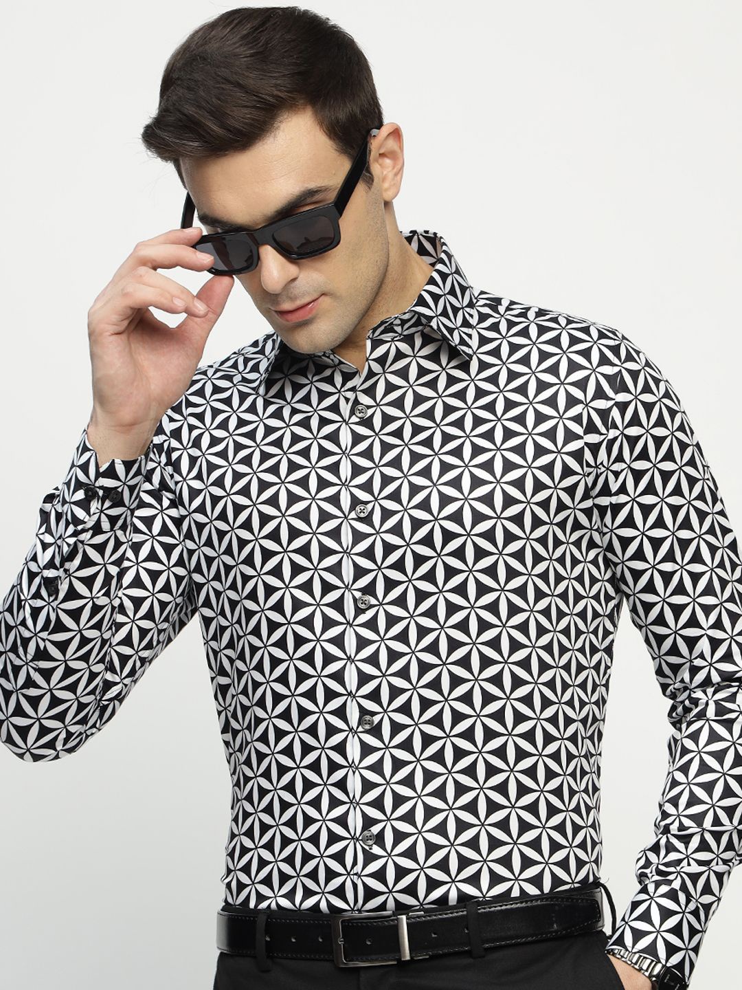 

Hancock Men Premium Spread Collar Geometric Printed Cotton Satin Slim Fit Party Shirt, Black