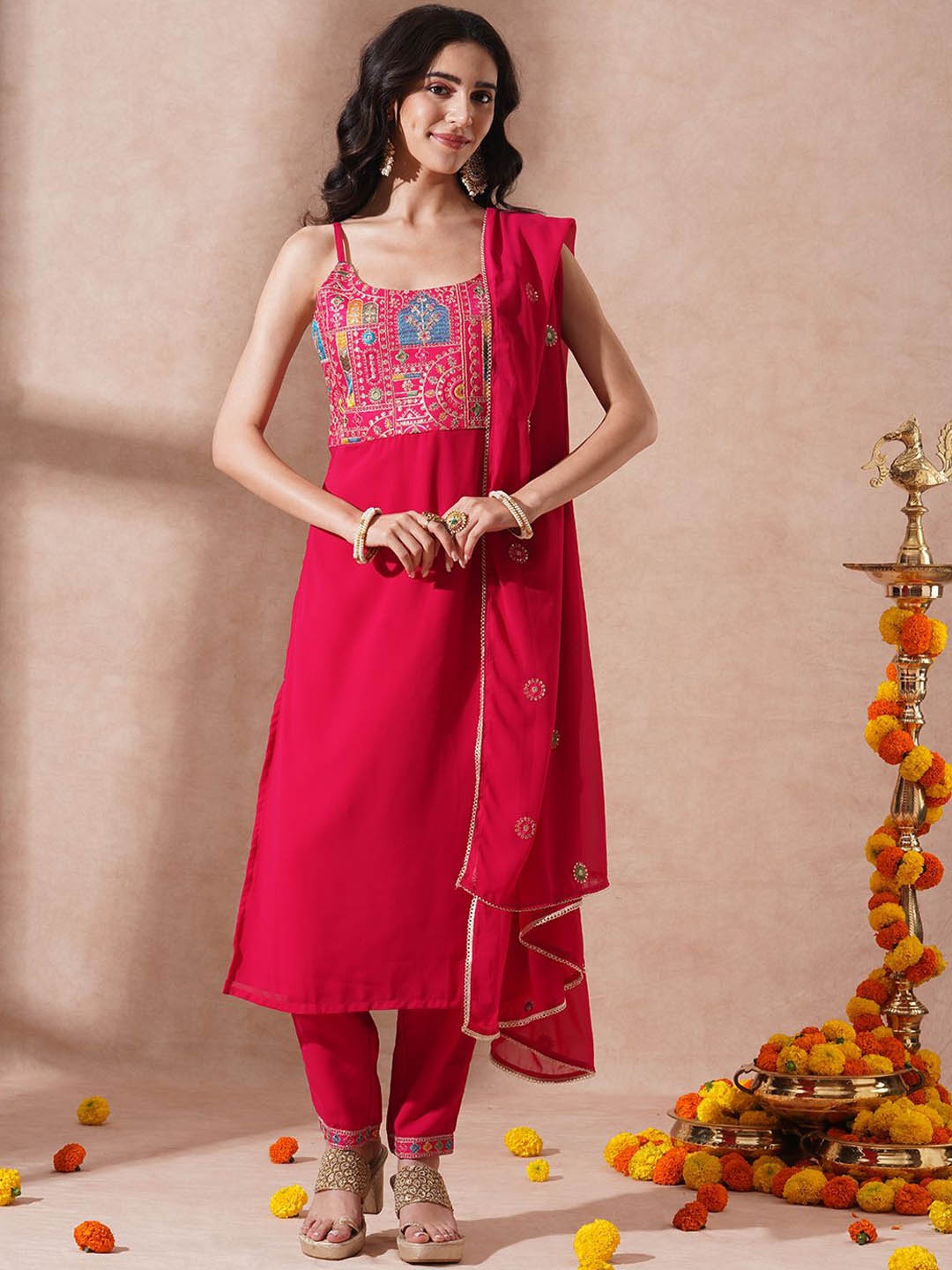 

FASHOR Ethnic Motifs Embroidered Straight Sequinned Kurta with Trousers & Dupatta, Pink