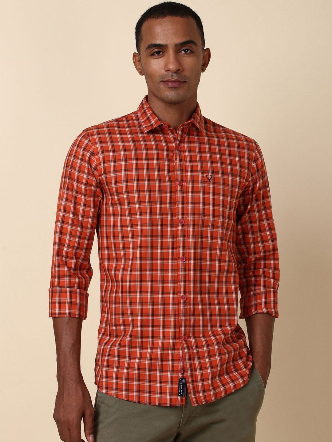 

Allen Solly Men Spread Collar Tartan Checked Cotton Casual Shirt, Orange