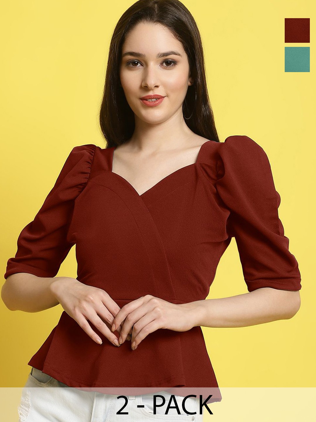 

Metronaut Women Pack Of 2 Sweetheart Neck Crop Top, Maroon