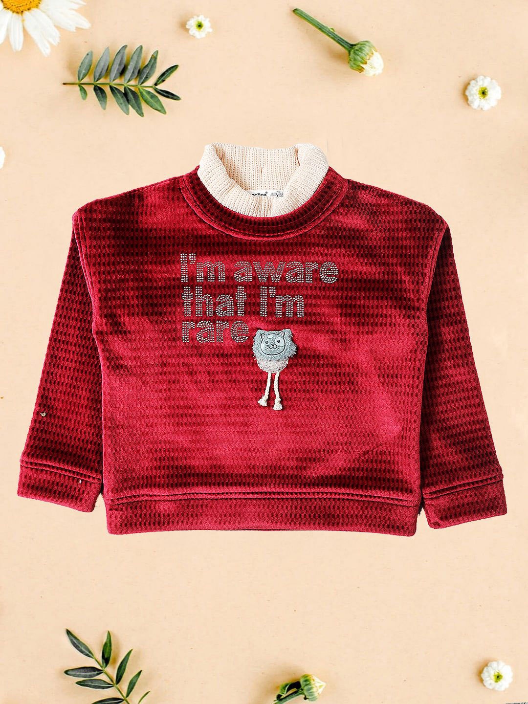 

PAMPOLINA Girls Turtle Neck Long Sleeves Embellished Sweatshirt, Maroon