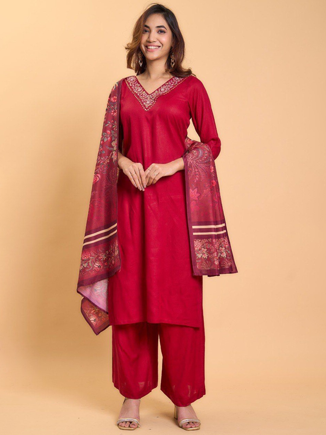 

JULEE Floral Embroidered Kurta With Palazzos & Dupatta, Red