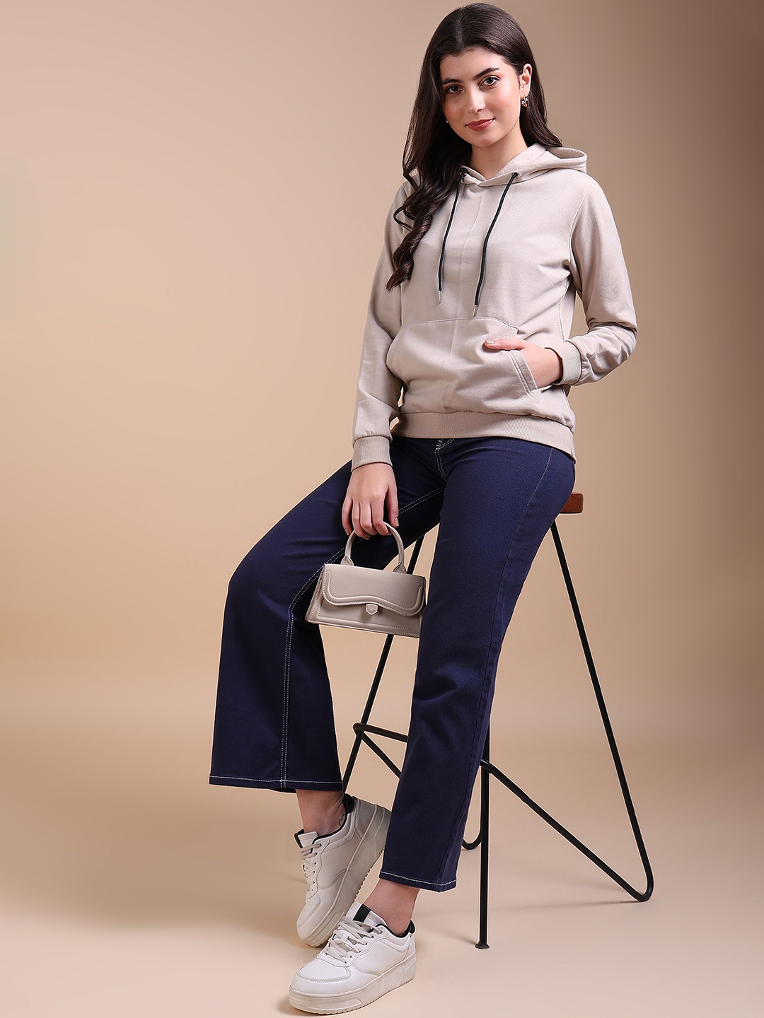 

Adyavastram Women Long Sleeves Hooded Sweatshirt, Beige