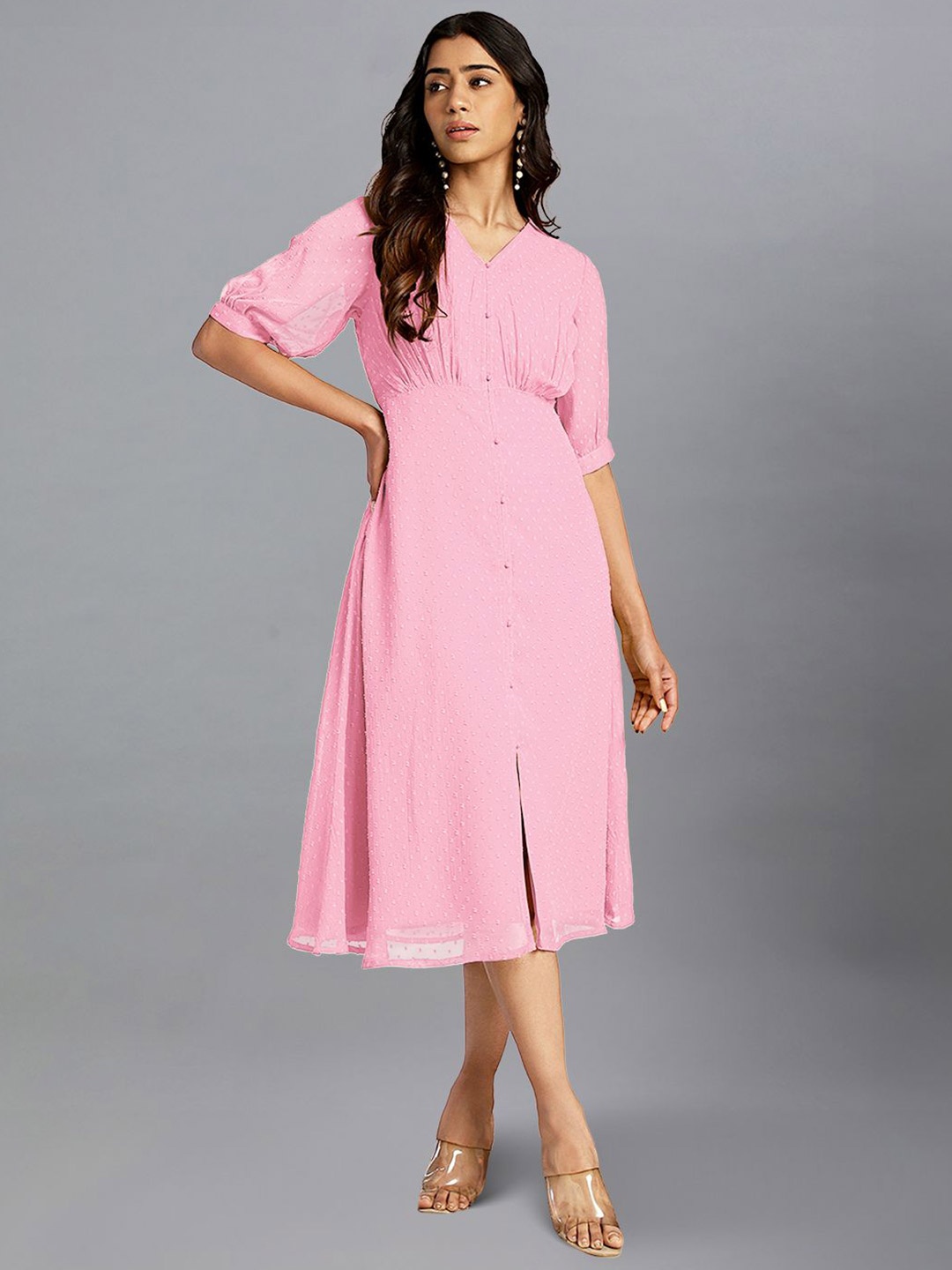 

Janasya Women Pink Dobby Chiffon Self Design A-line Dress