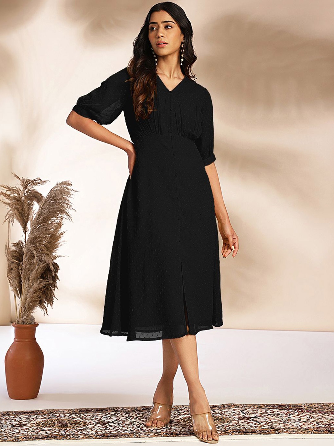 

Janasya Women Puff Sleeve A-Line Midi Dress, Black