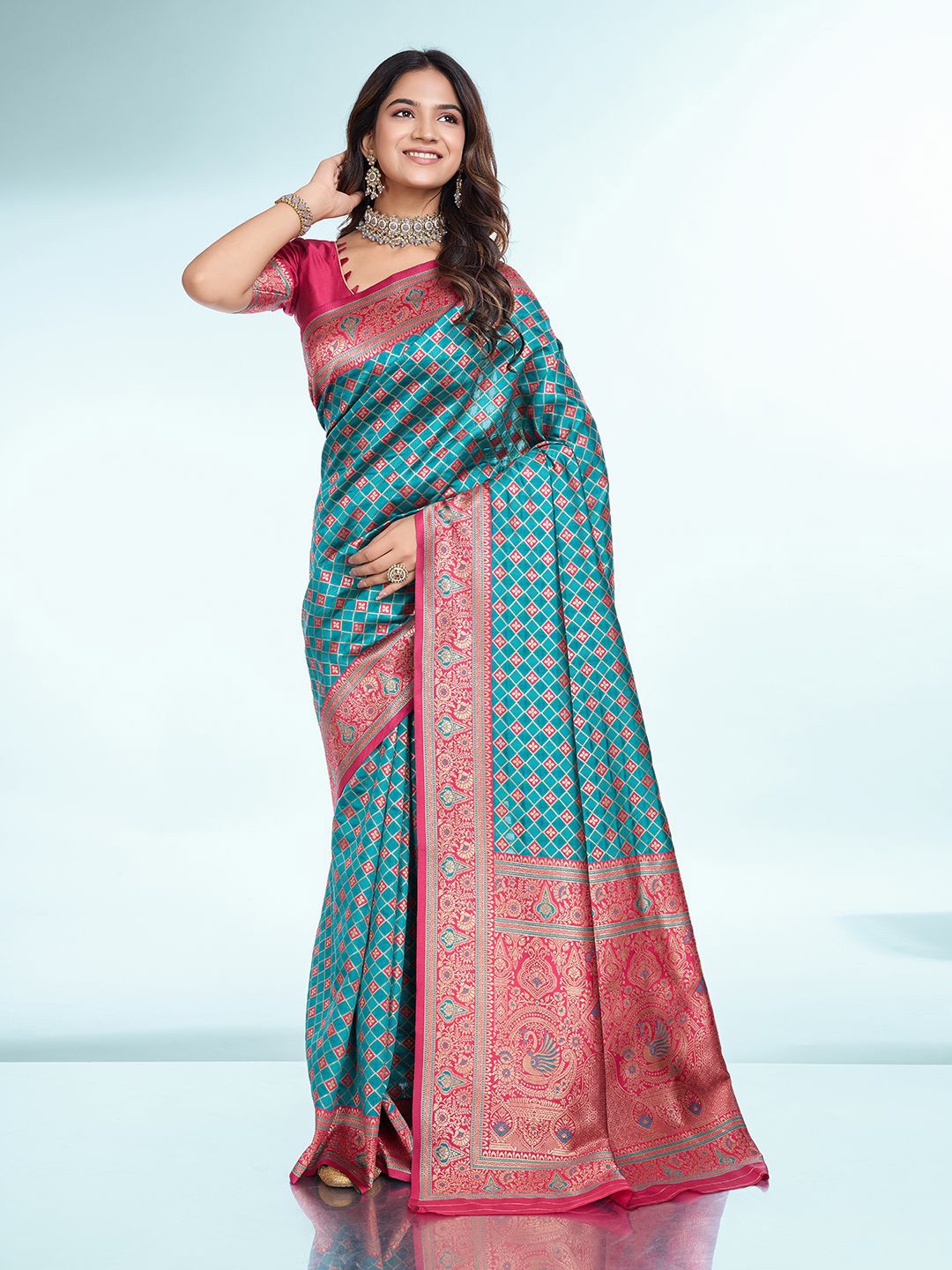 

RICH & ROMAN Ethnic Motifs Zari Pure Silk Banarasi Saree, Teal