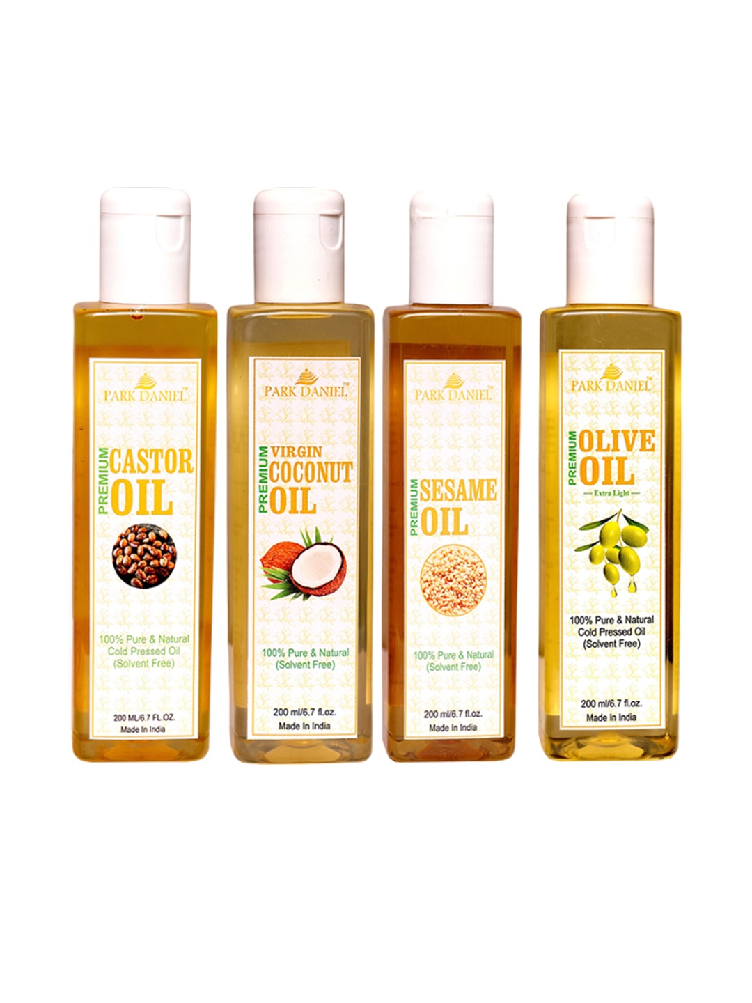 

Park Daniel Set Of 4 Premium Castor, Virgin Coconut, Sesame & Olive Oil- 200ml Each, Transparent