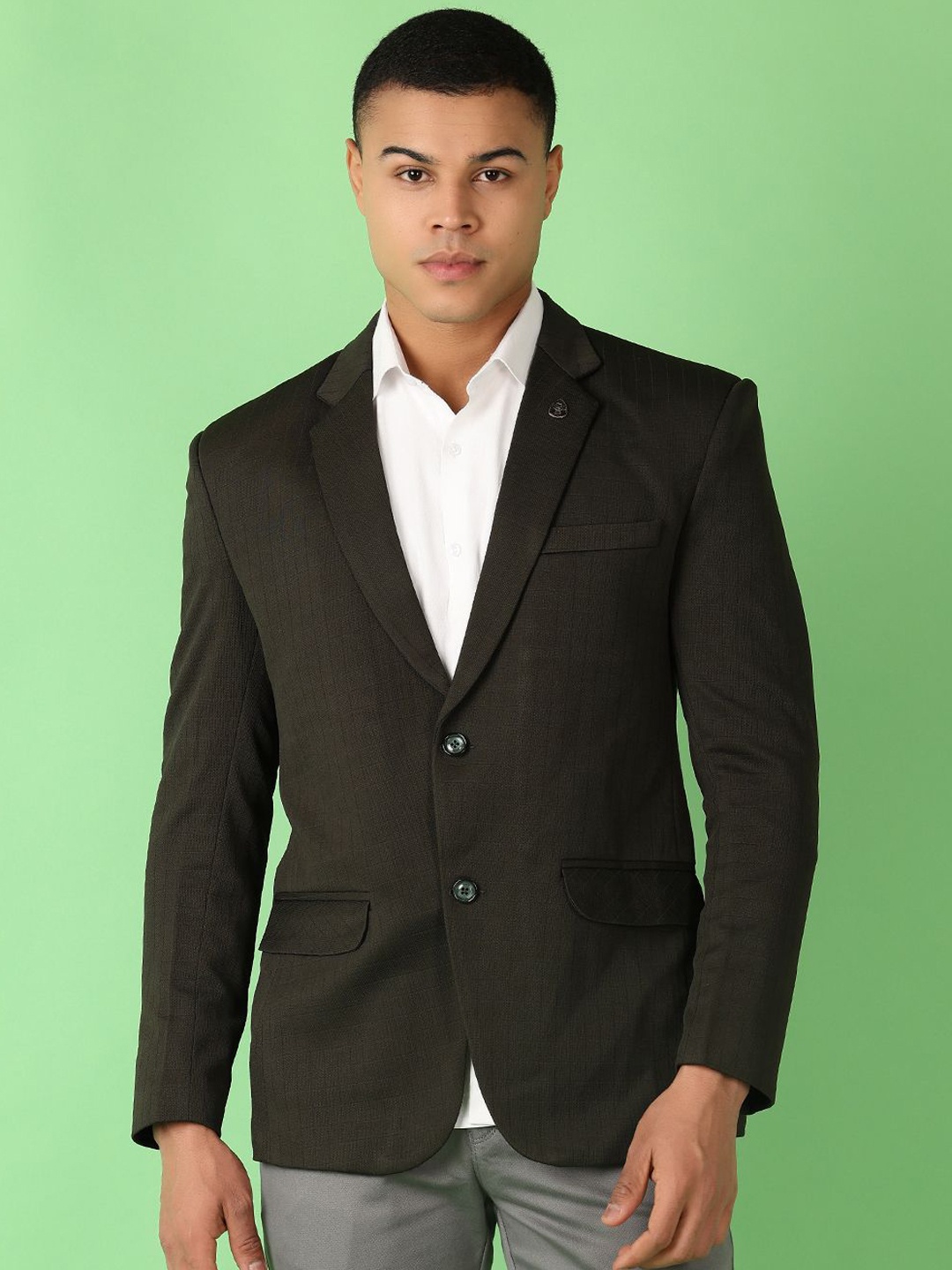 

V-Mart Self-Design Notched Lapel Collar Single-Breasted Blazer, Olive