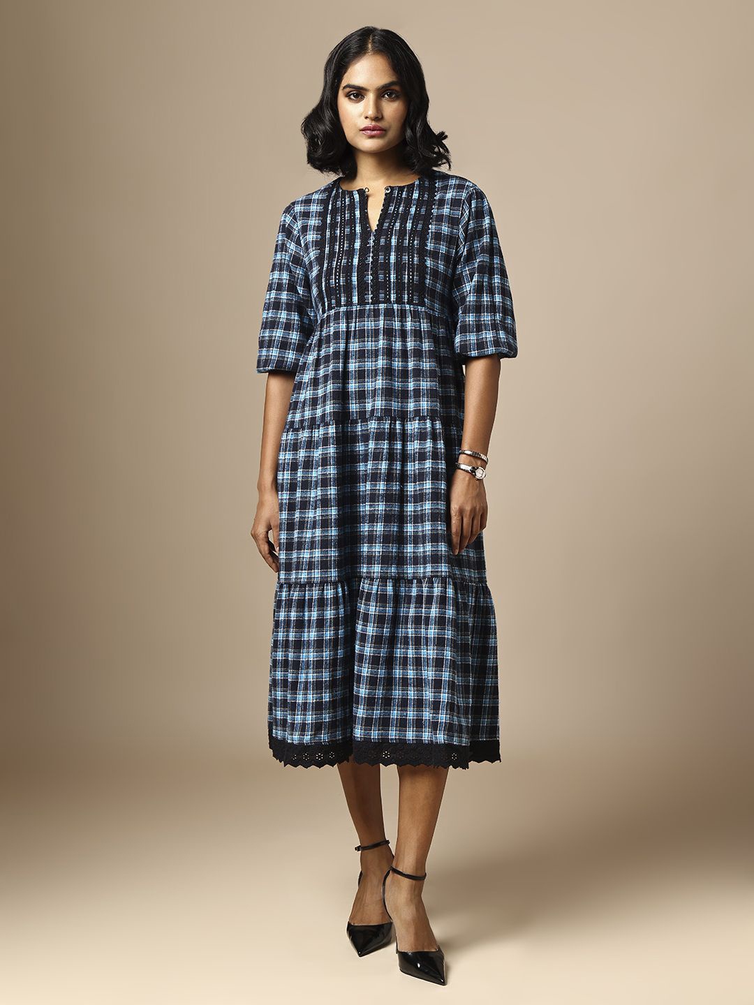 

Chemistry Women Cotton Checked A-Line Midi Dress, Blue