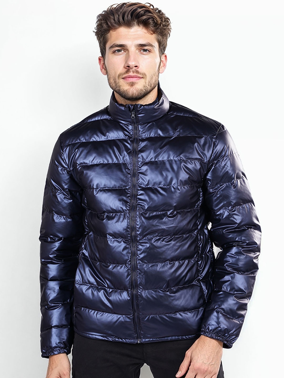 

Celio Men Mock Collar Solid Casual Quilted Jacket, Navy blue