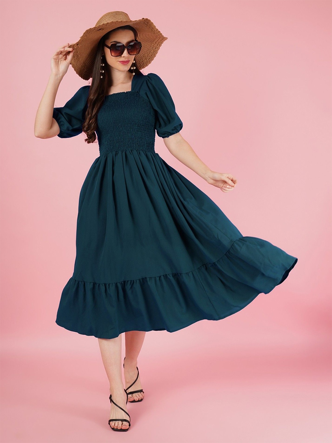 

Krunal Raiyani Women Puff Sleeves Fit & Flare Dress, Blue