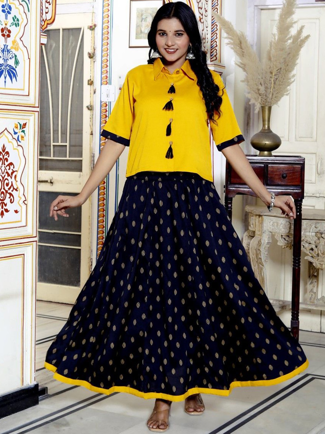 

ANTU KURTIES Top With Skirt Co-Ords, Yellow