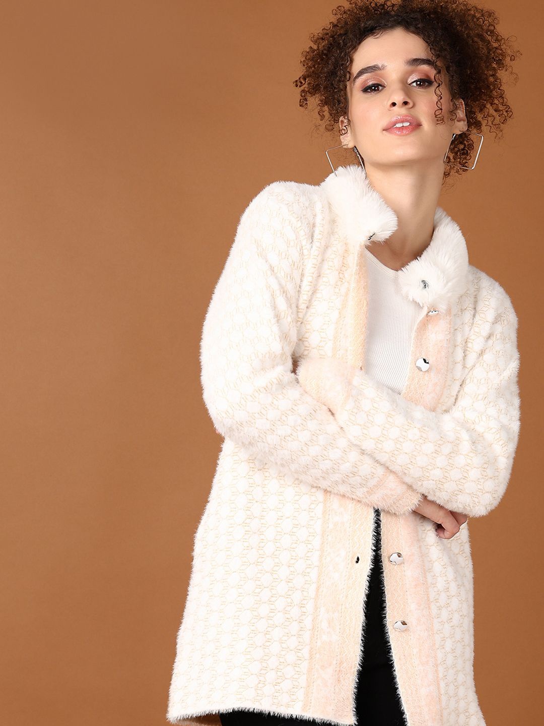 

V-Mart Women Self Design Lapel Collar Cardigan, Cream