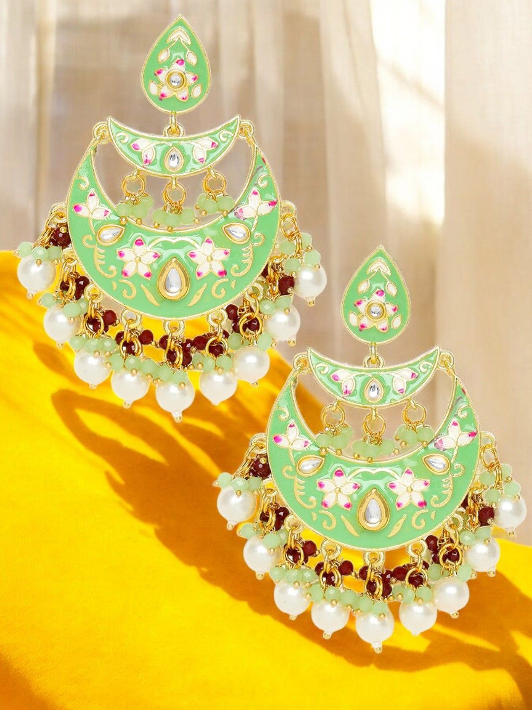 

OOMPH Kundan Studded Floral Meenakari Chandbalis, Green