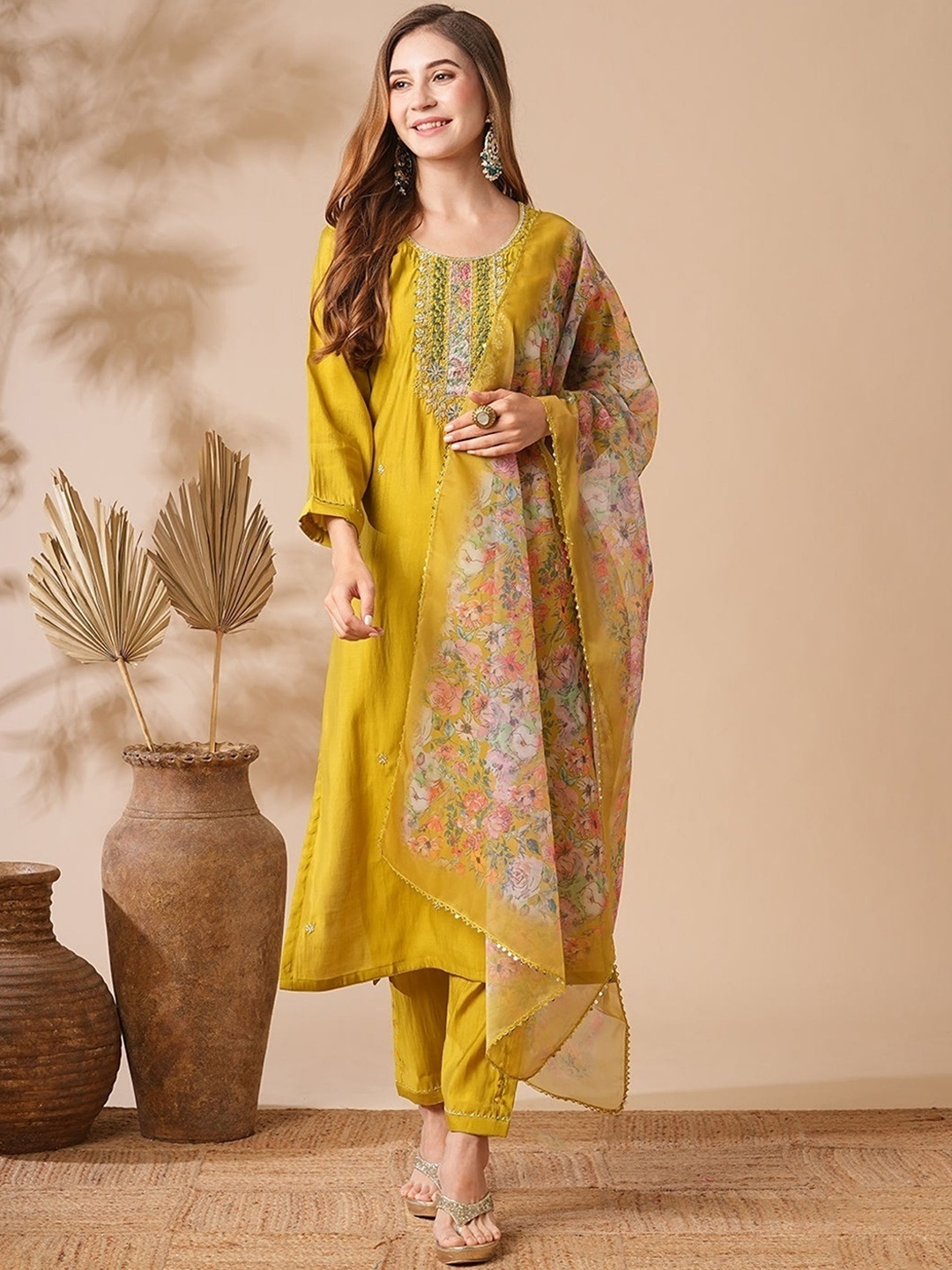 

KALINI Floral Embroidered Thread Work Chanderi Cotton Kurta with Trouser & Dupatta, Yellow