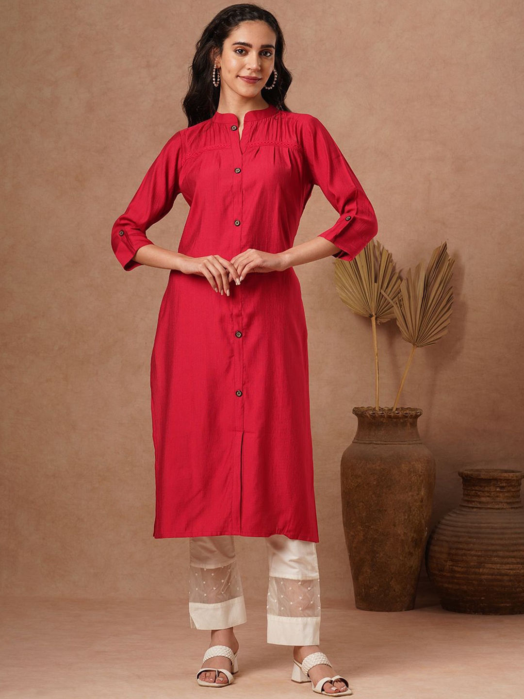 

FASHOR Mandarin Collar Straight Kurta, Red