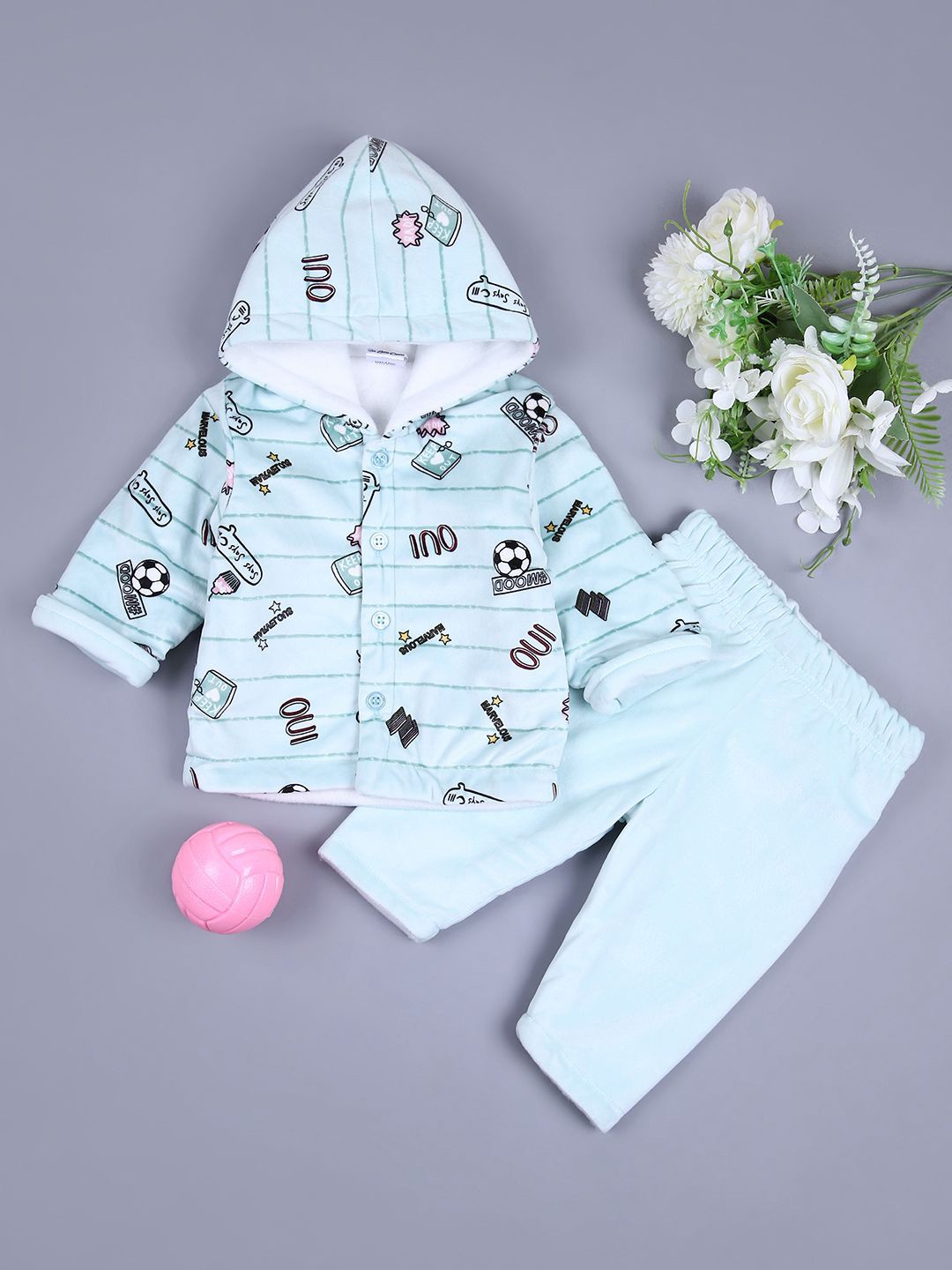 

V-Mart Unisex Kids Hooded Printed Velvet Shirt with Trousers, Green
