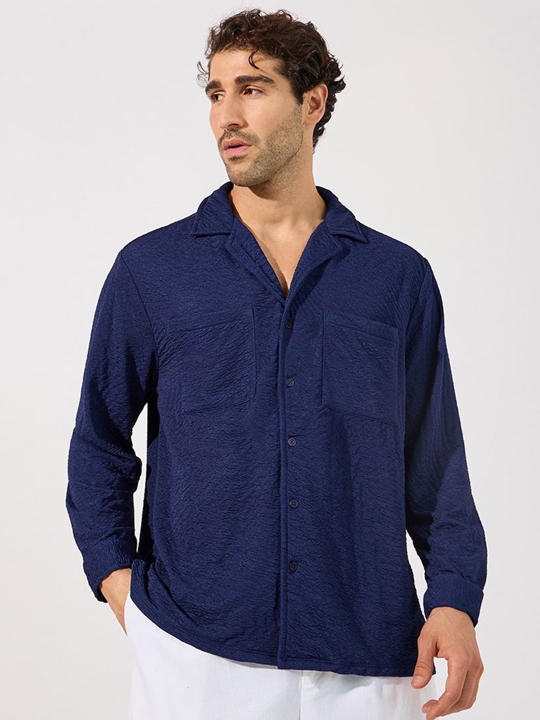 

Styli Men Cuban Collar Textured Relaxed Fit Casual Shirt, Navy blue