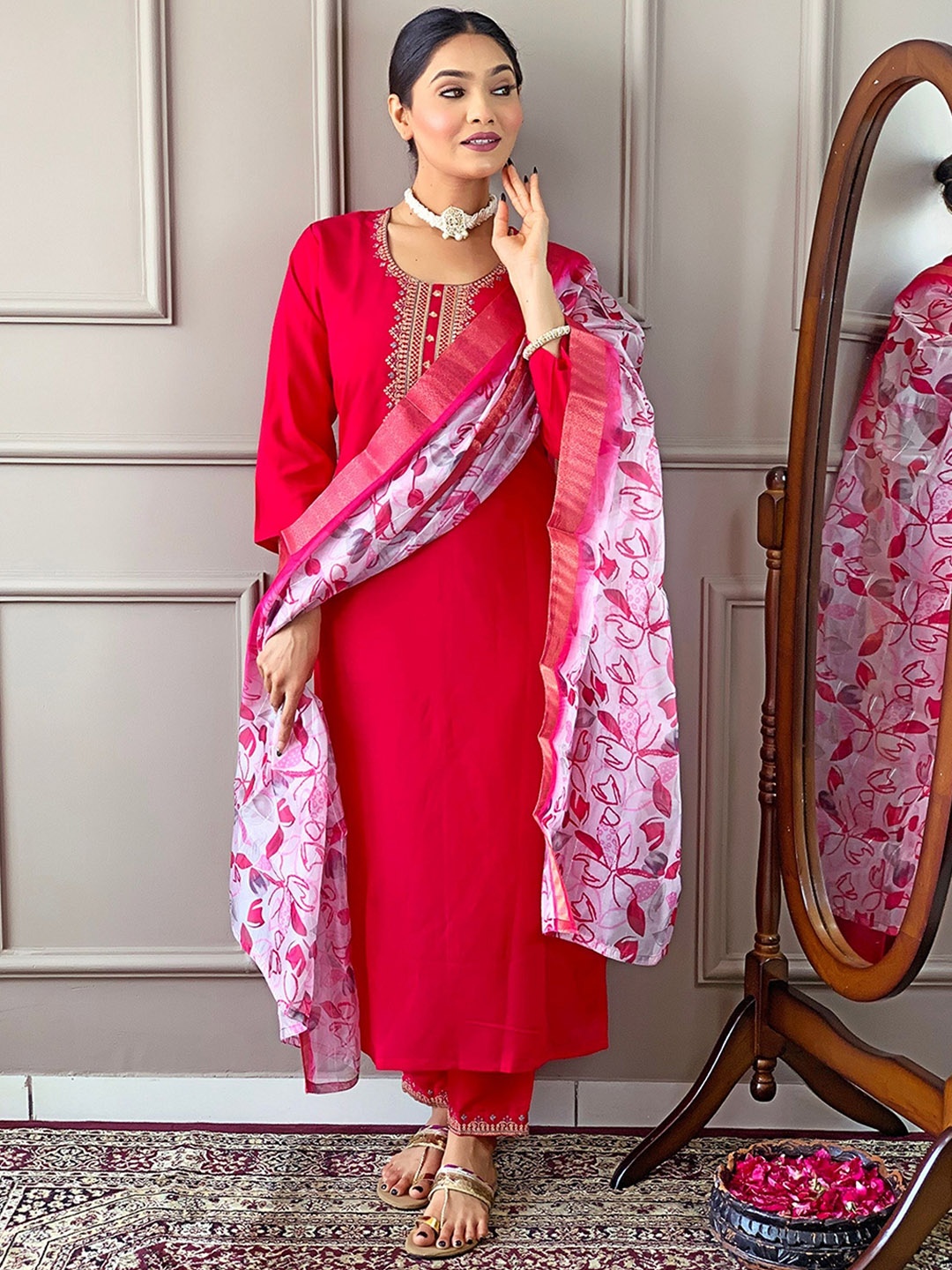 

KALINI Floral Embroidered Sequinned Chanderi Silk Kurta with Trousers & Dupatta, Pink