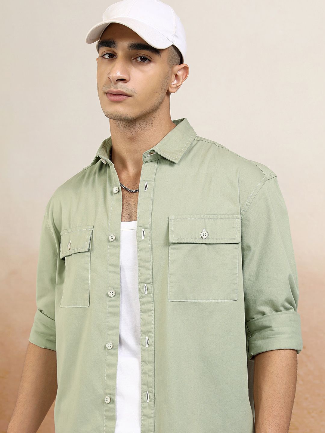 

Highlander Men Contrast Stitched Utility Pocket Relaxed Shirt, Green