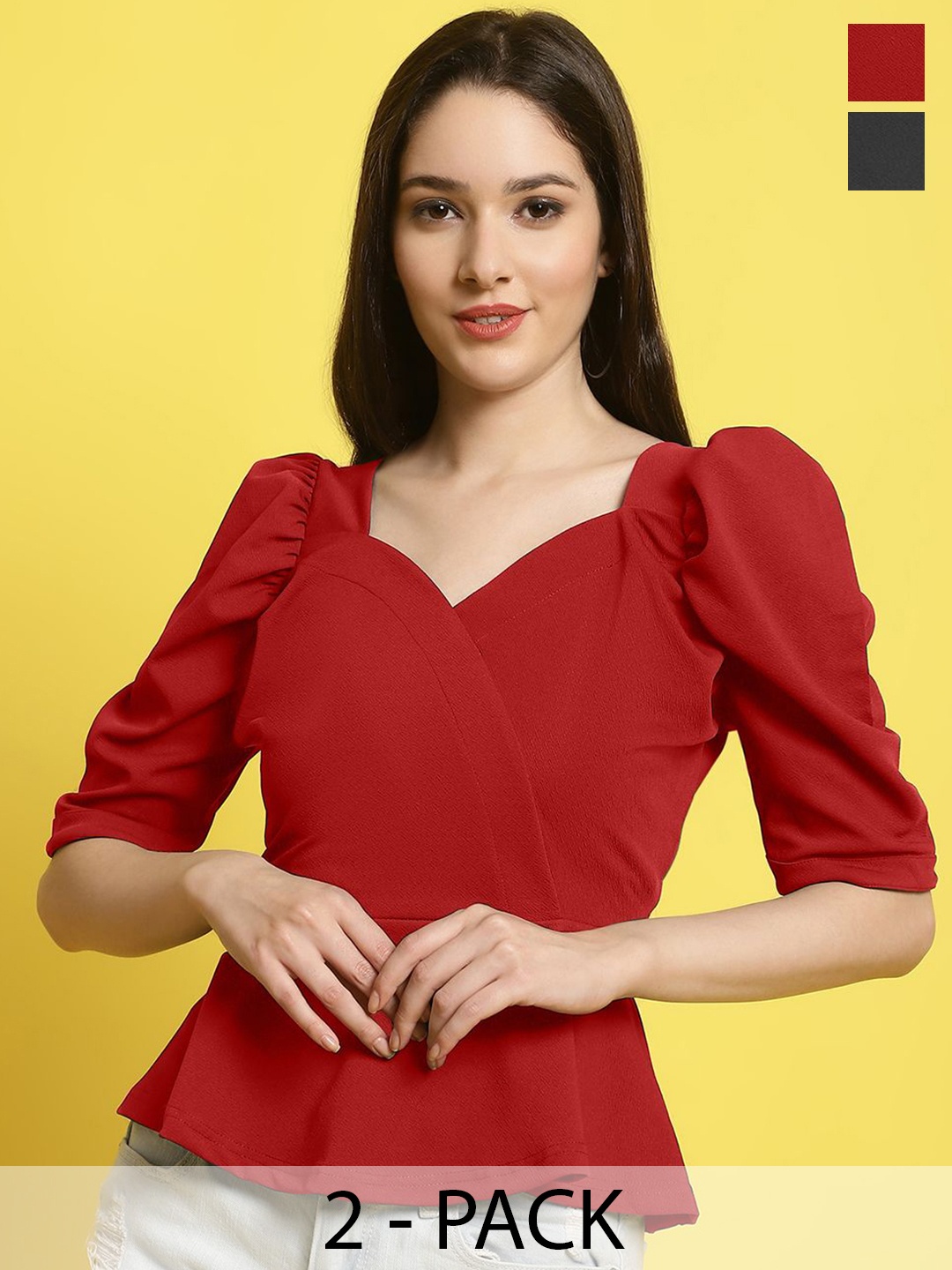 

Metronaut Women Pack Of 2 Sweetheart Neck Crop Top, Red