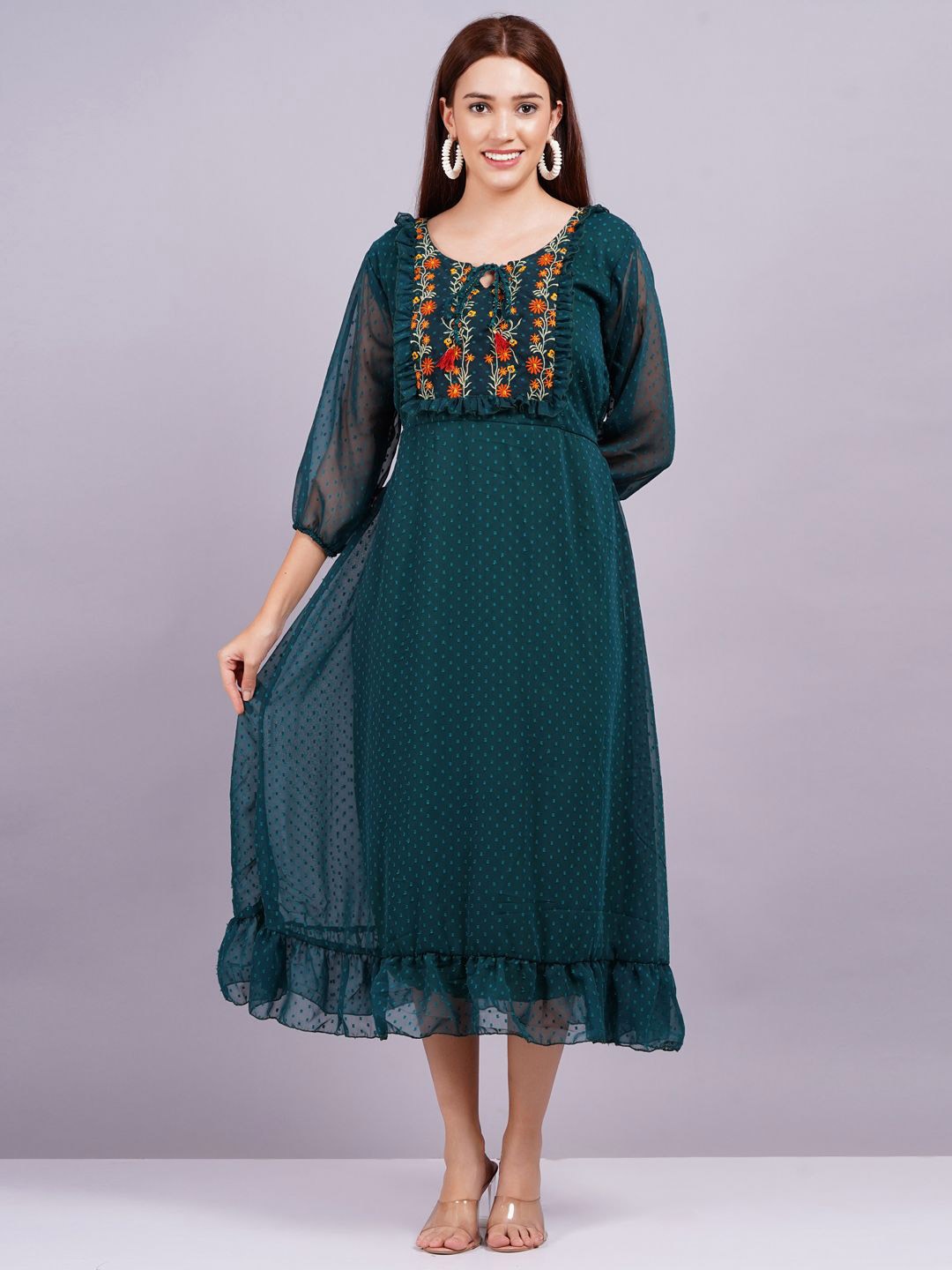 

BPT DESIGNER Women Embroidered Puff Sleeve Fit & Flare Midi Dress, Green