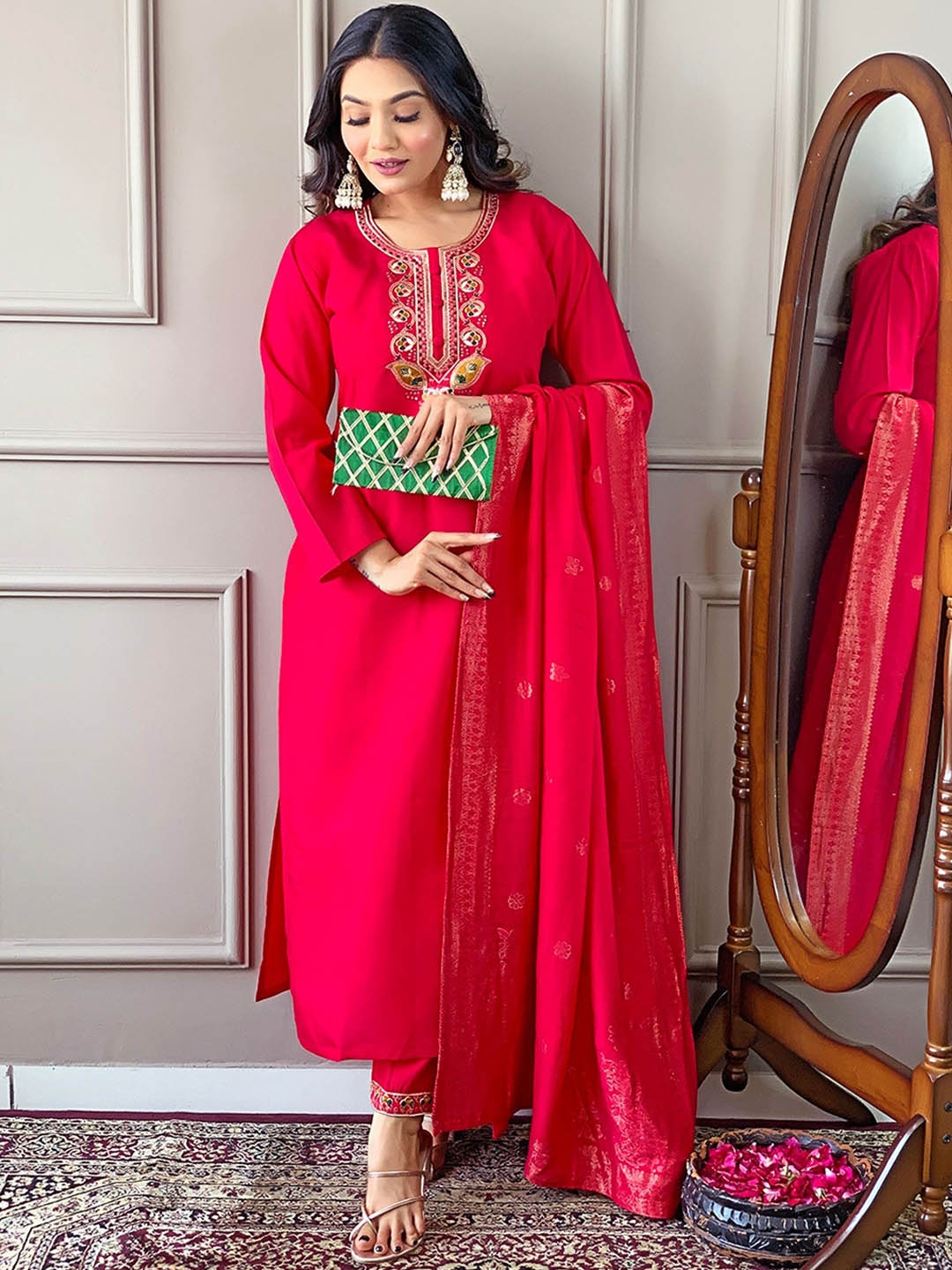 

KALINI Ethnic Motifs Yoke Design Thread Work Chanderi Silk Kurta with Trousers & Dupatta, Pink