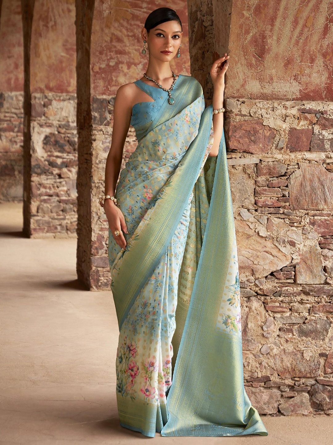 

MAHALASA Woven Design Pure Silk Banarasi Saree, Turquoise blue