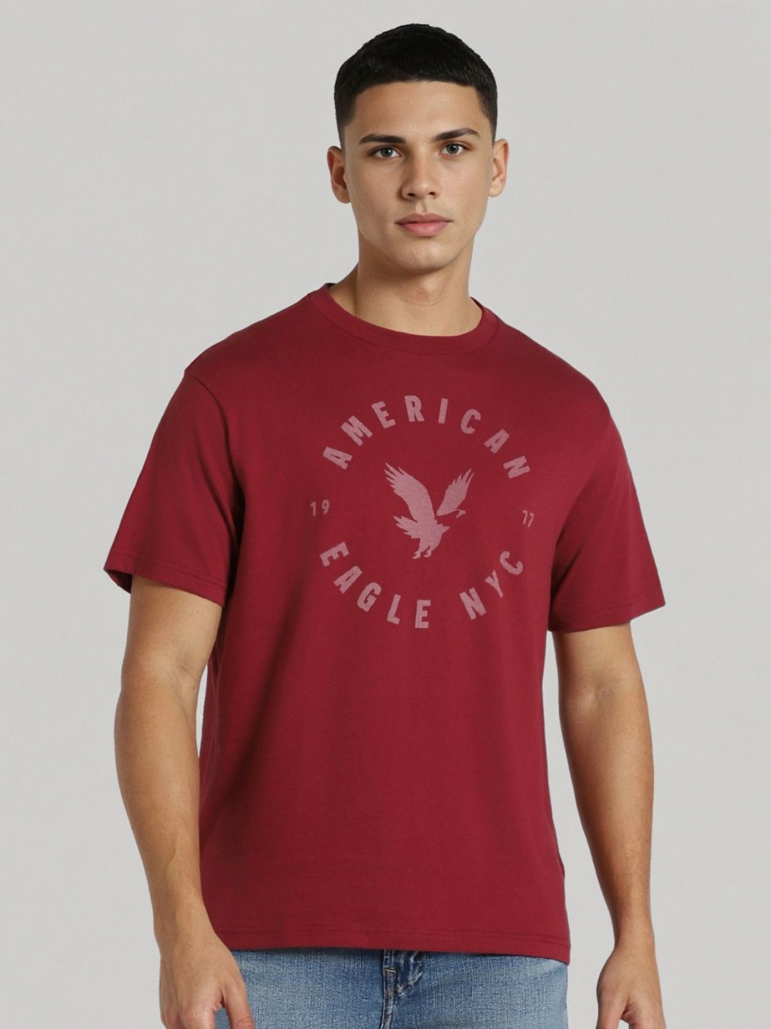 

AMERICAN EAGLE OUTFITTERS Men Typography Printed Round Neck Cotton Oversized T-shirt, Burgundy