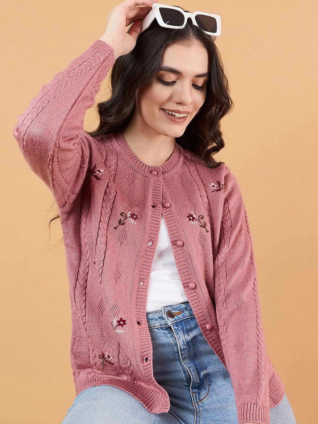 

CLAPTON Women Embroidered Woollen Cardigan, Pink