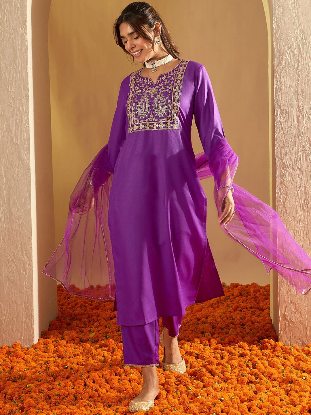 

Indo Era Floral Embroidered Liva Straight Kurta With Trousers & Dupatta, Purple