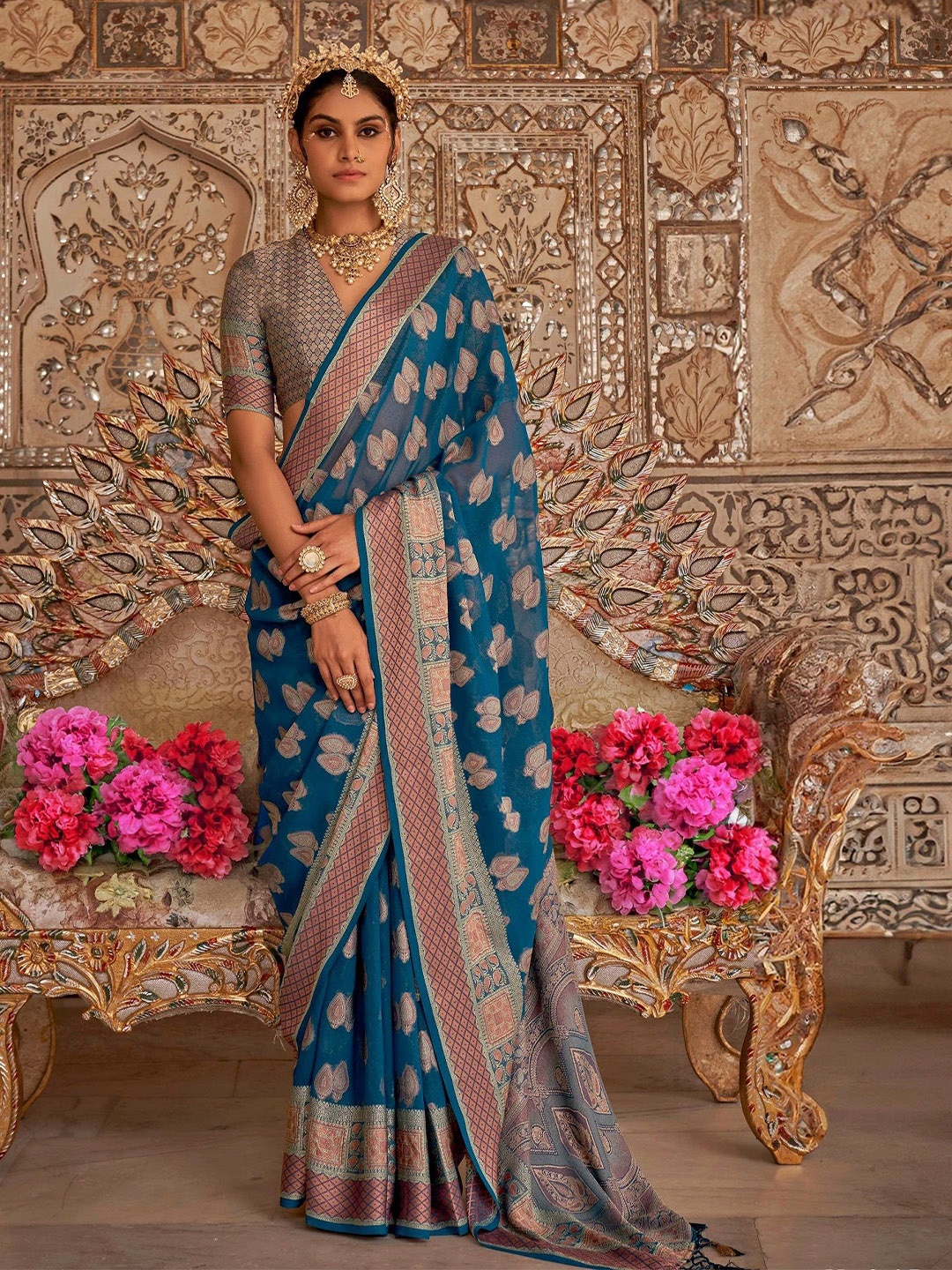 

MAHALASA Ethnic Motifs Woven Design Designer Banarasi Saree, Blue
