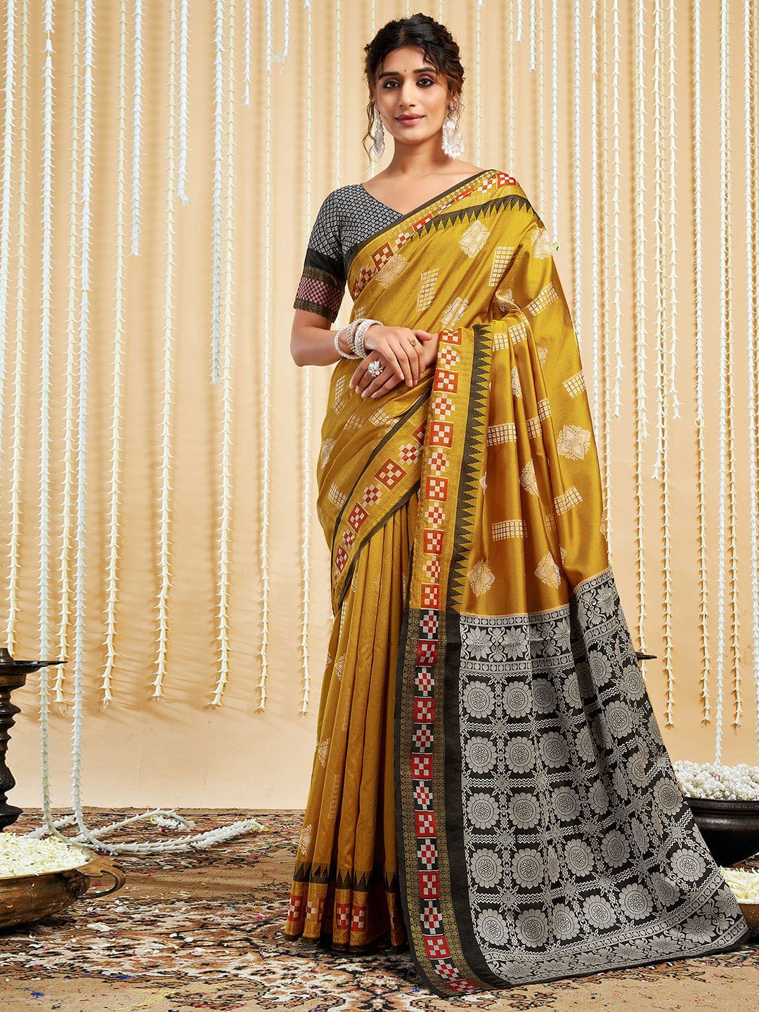 

Satrani Woven Design Zari Pure Silk Sungudi Saree, Mustard