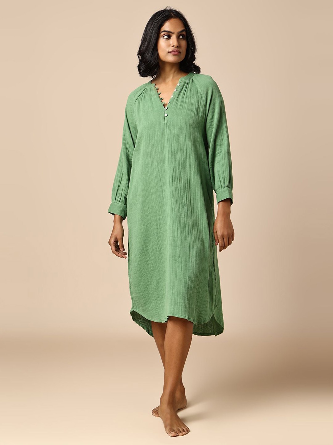 

Chemistry Women Cotton Mandarin Collar Nightdress, Green