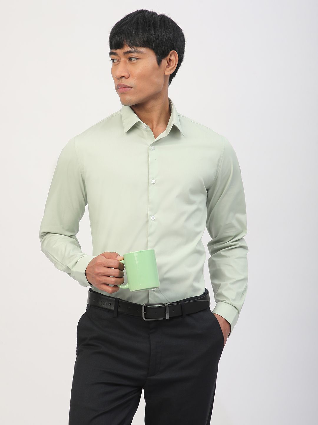 

R&B Men Standard Spread Collar Solid Cotton Slim Fit Formal Shirt, Green